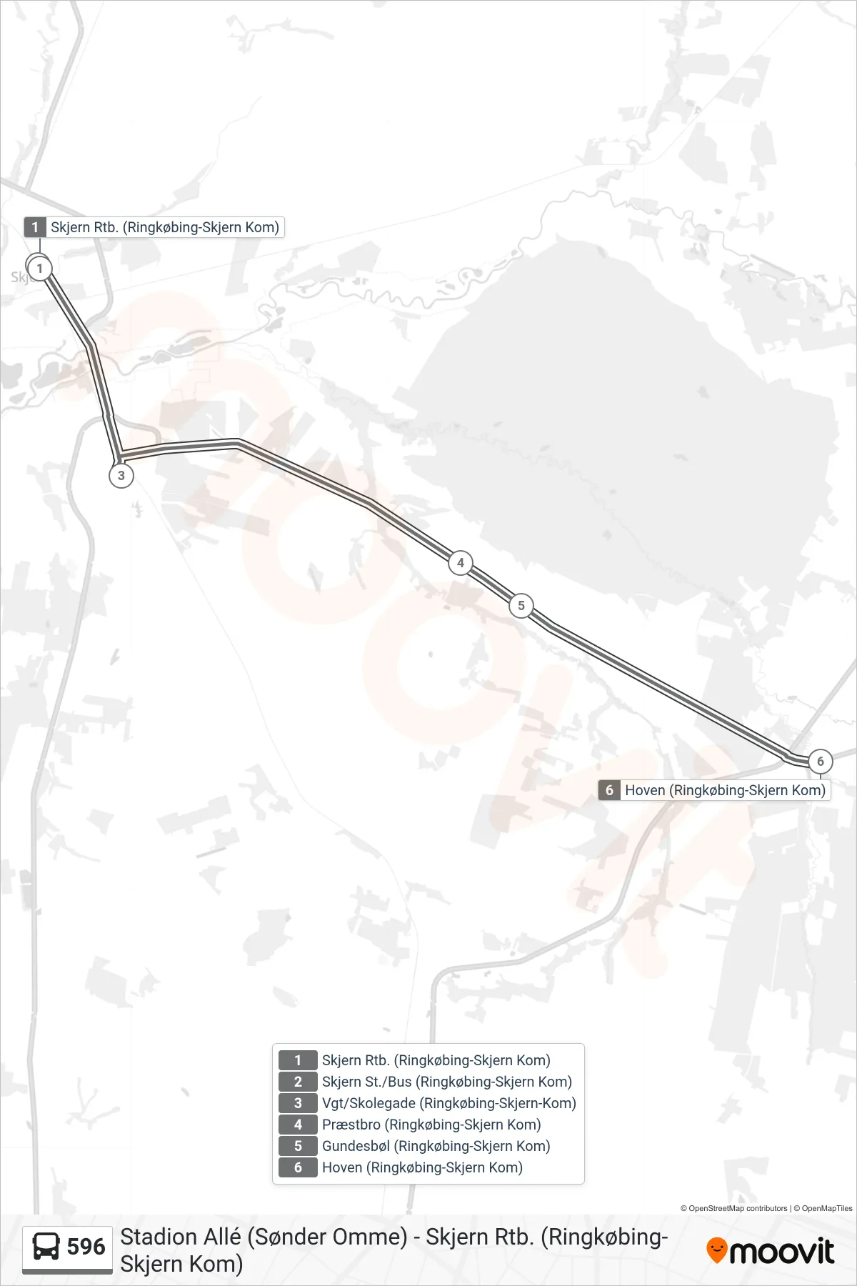 596 bus Linje (Hoven) rute og stop på et kort
