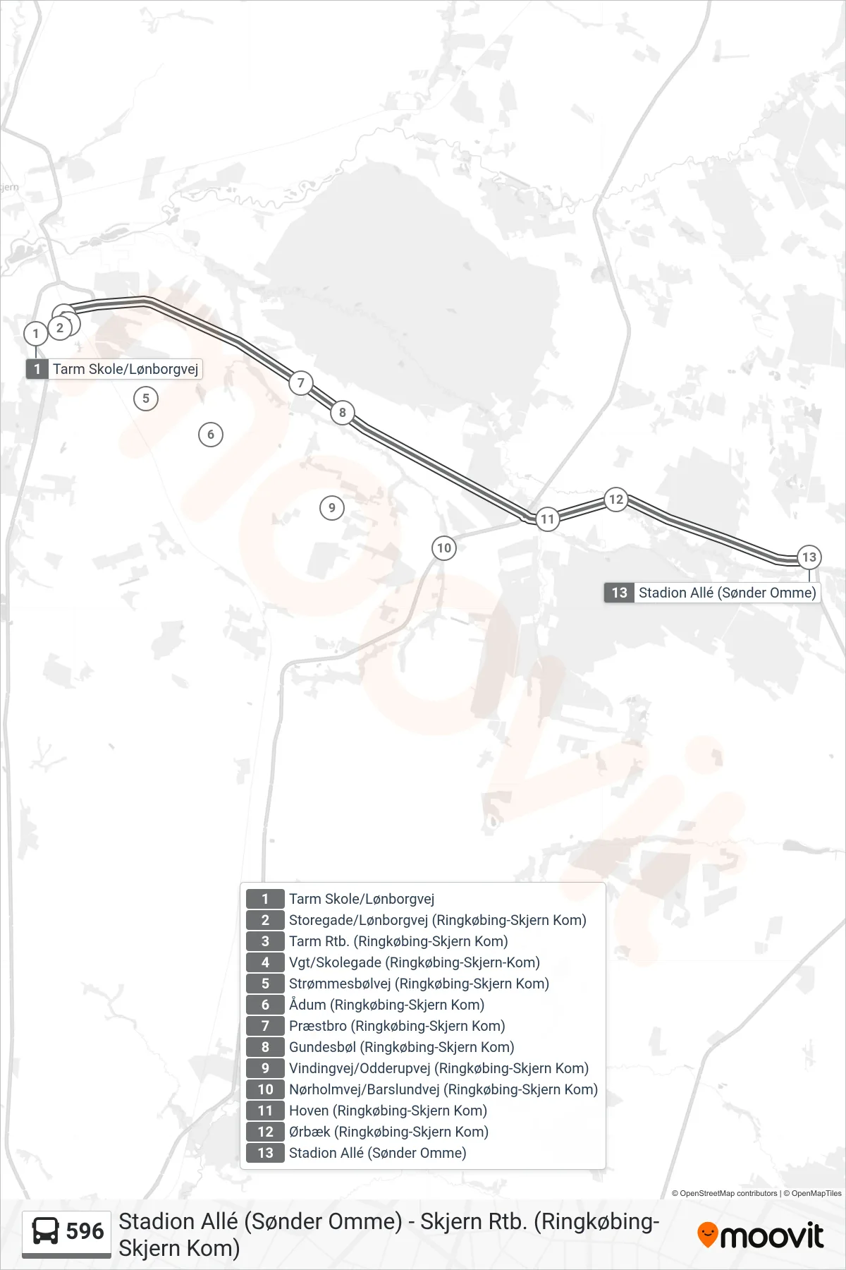 596 bus Linje (Sønder Omme) rute og stop på et kort