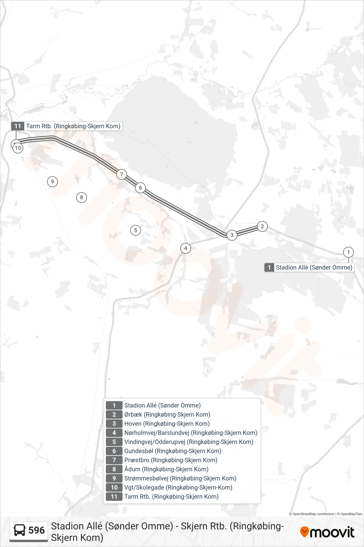 596 bus Linje (Tarm Rtb.) rute og stop på et kort