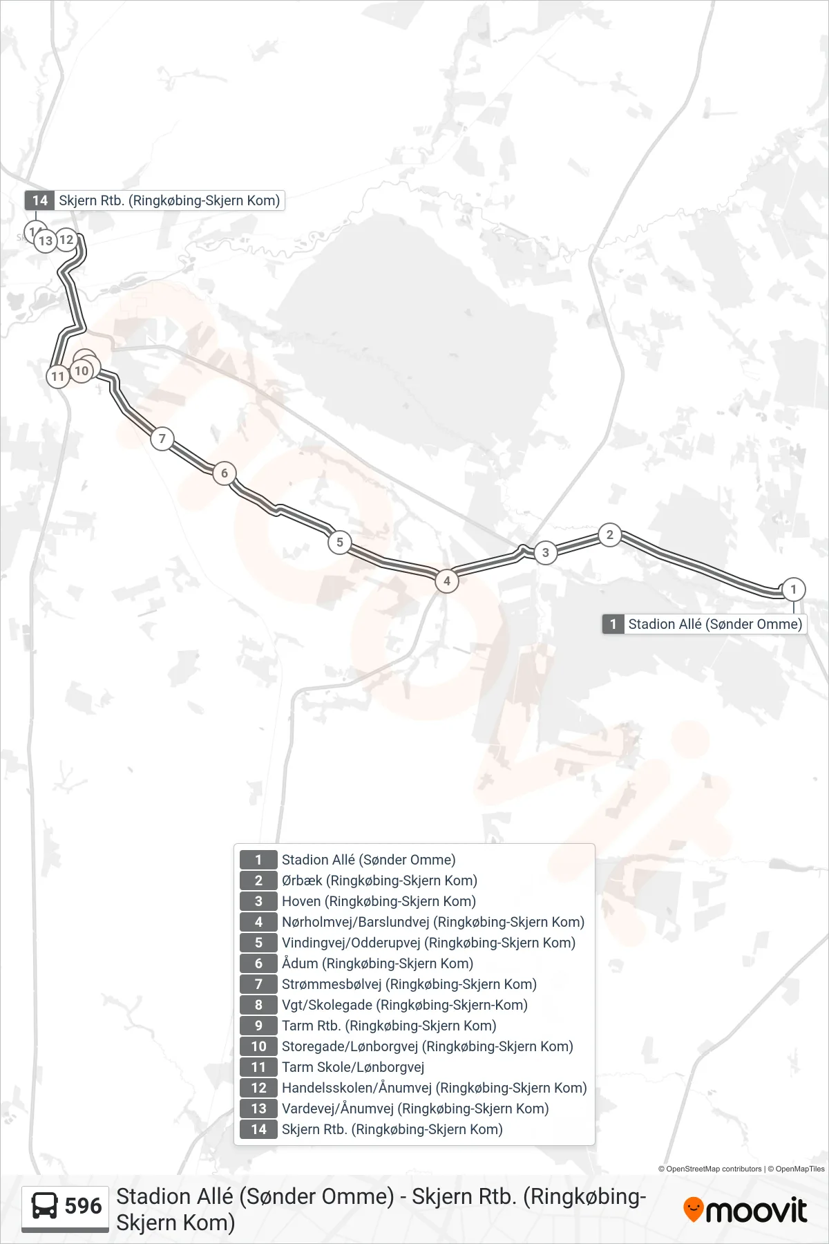 596 bus Line (Skjern Rtb.) route and stops on a map