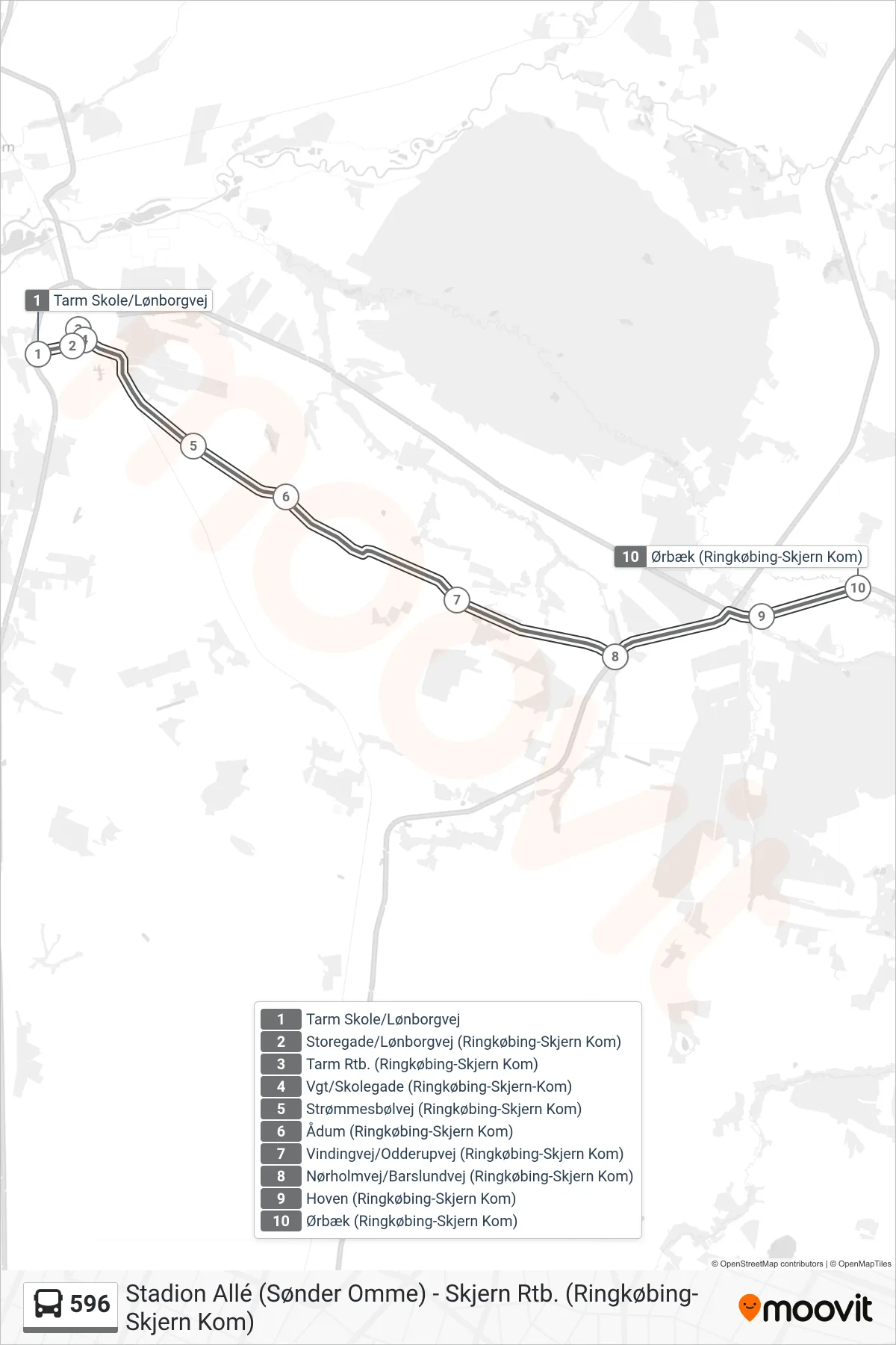 596 bus Linje (Ørbæk) rute og stop på et kort
