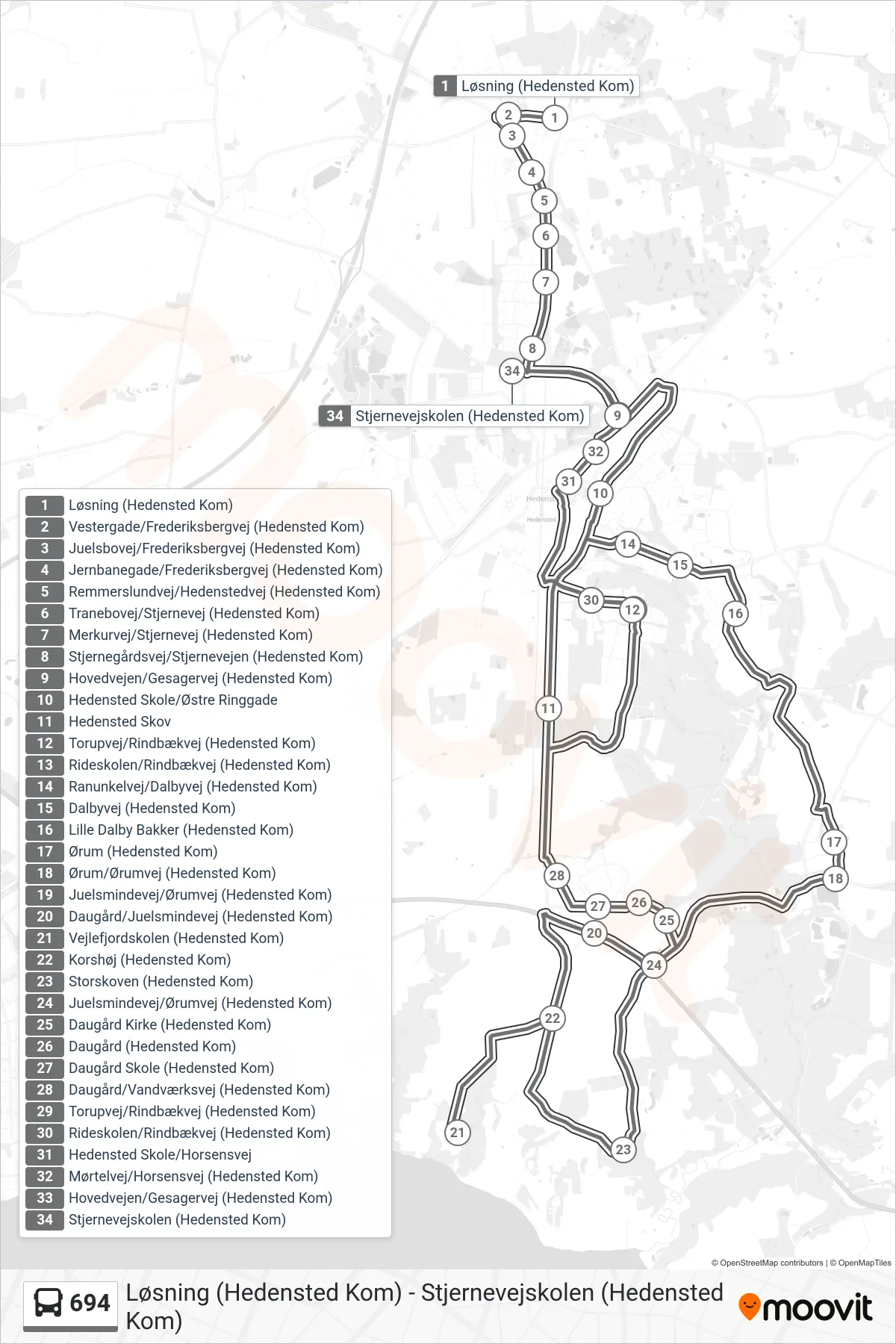 694 bus Linje (Stjernevejskolen (Hedensted Kom)) rute og stop på et kort