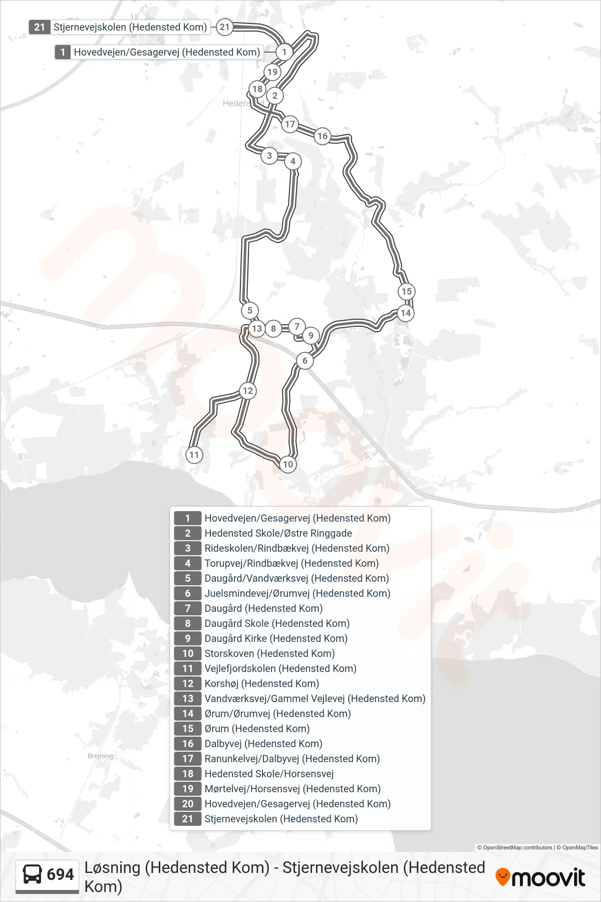 694 bus Linje (Stjernevejskolen (Hedensted Kom)) rute og stop på et kort