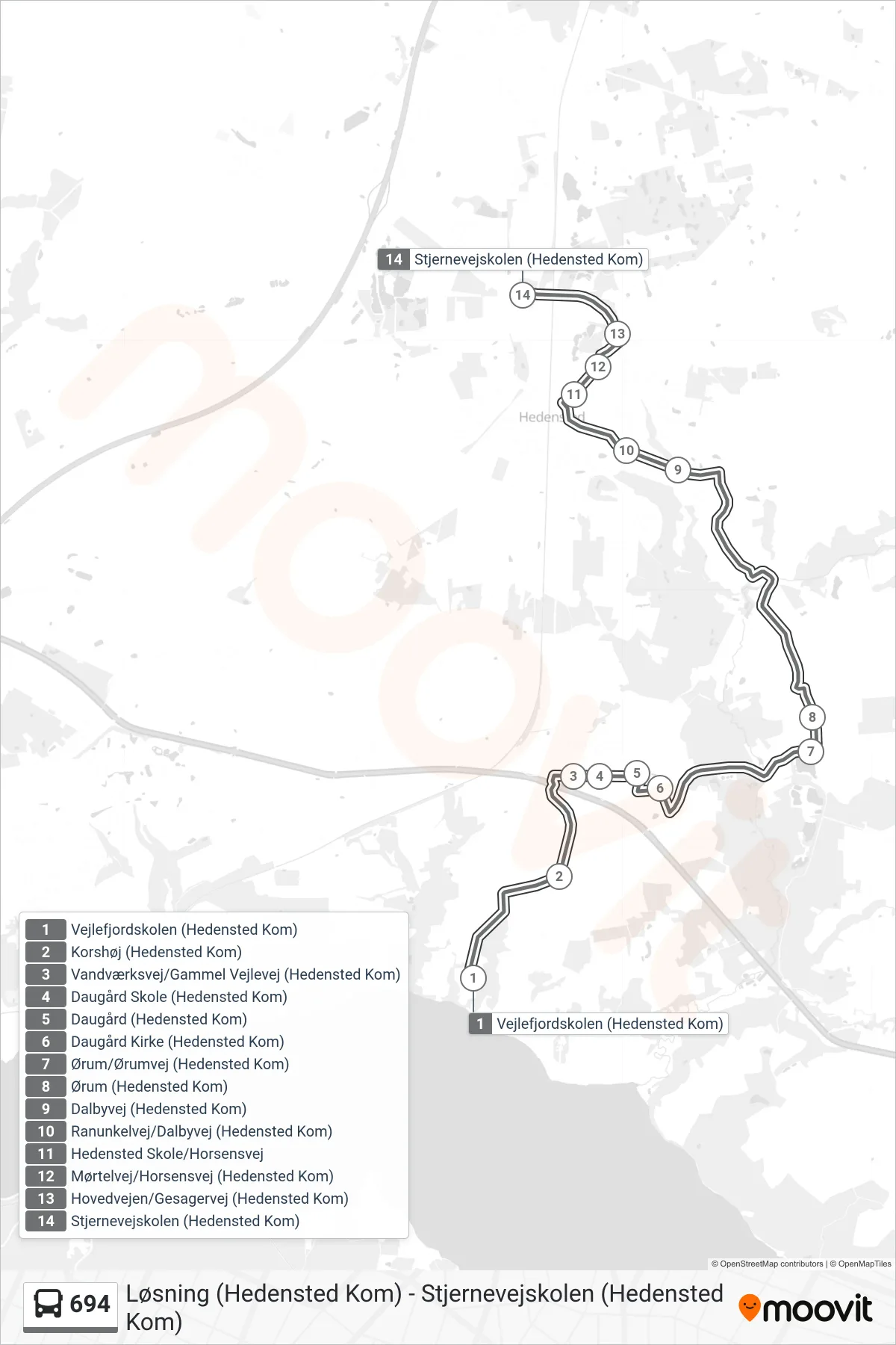 694 bus Linje (Stjernevejskolen) rute og stop på et kort