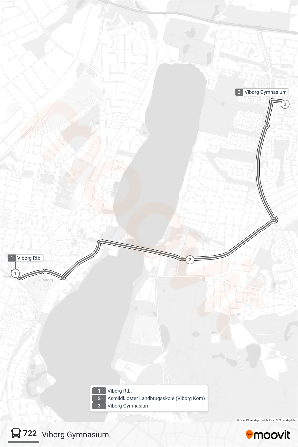722 bus Linje (Viborg Gymnasium) rute og stop på et kort