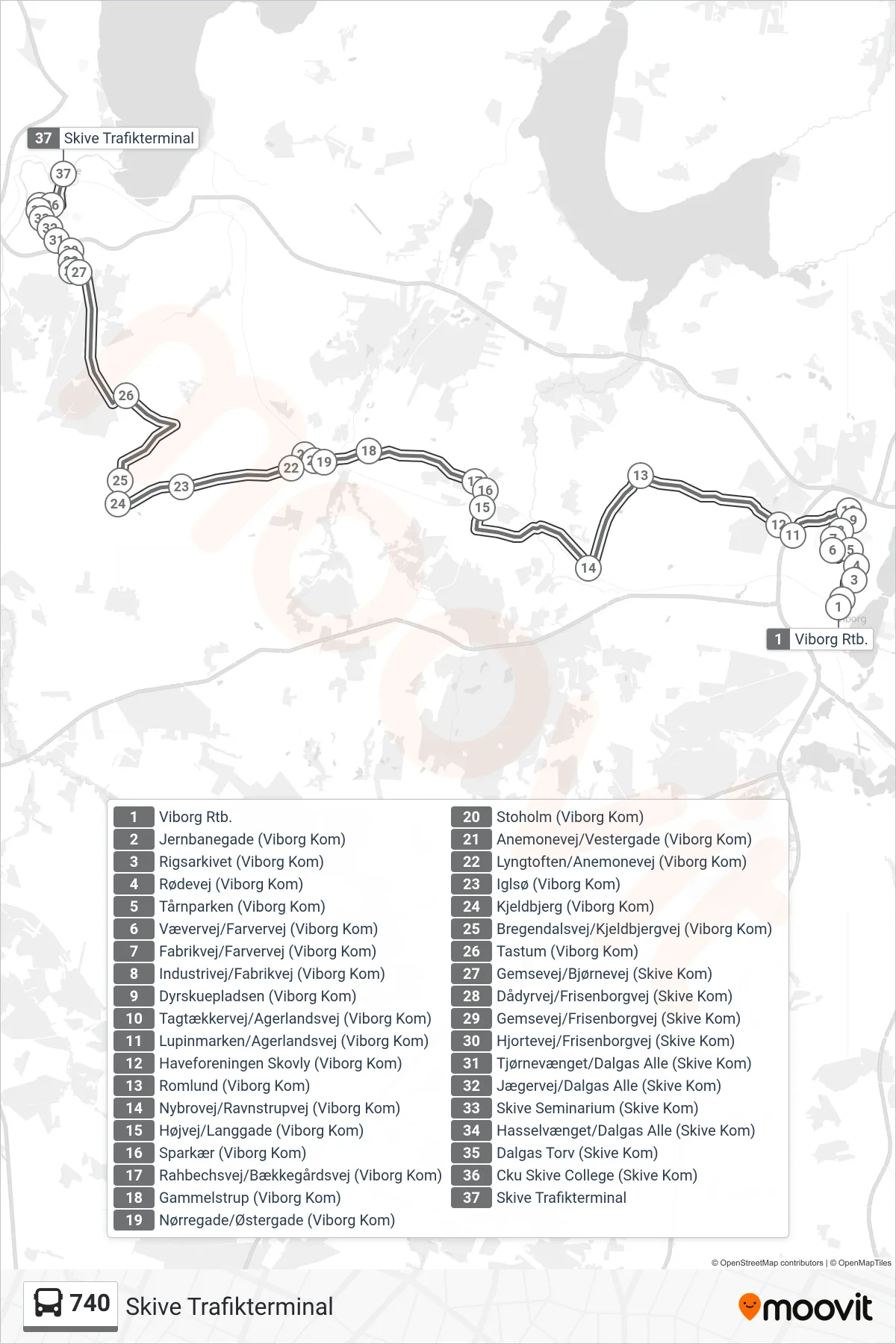 740 bus Linje (Skive Trafikterminal) rute og stop på et kort