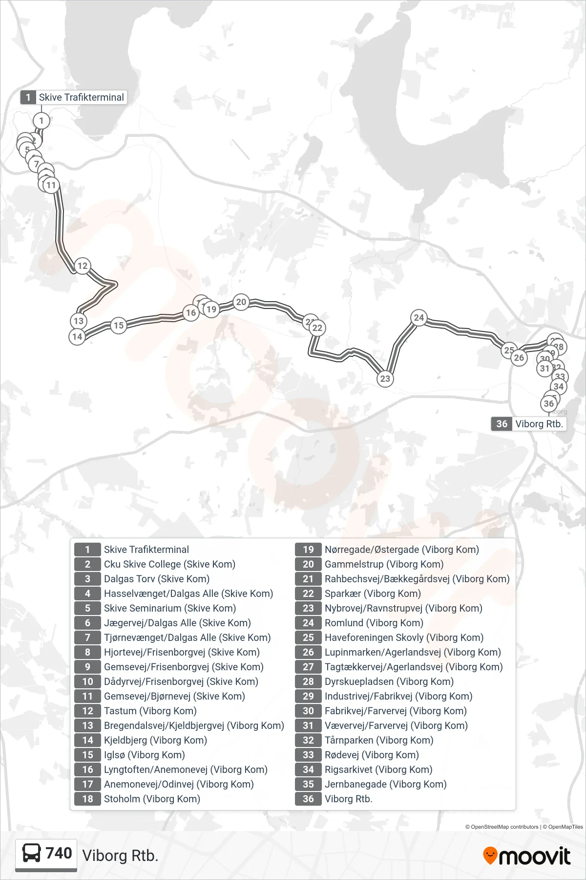 740 bus Linje (Viborg Rtb.) rute og stop på et kort