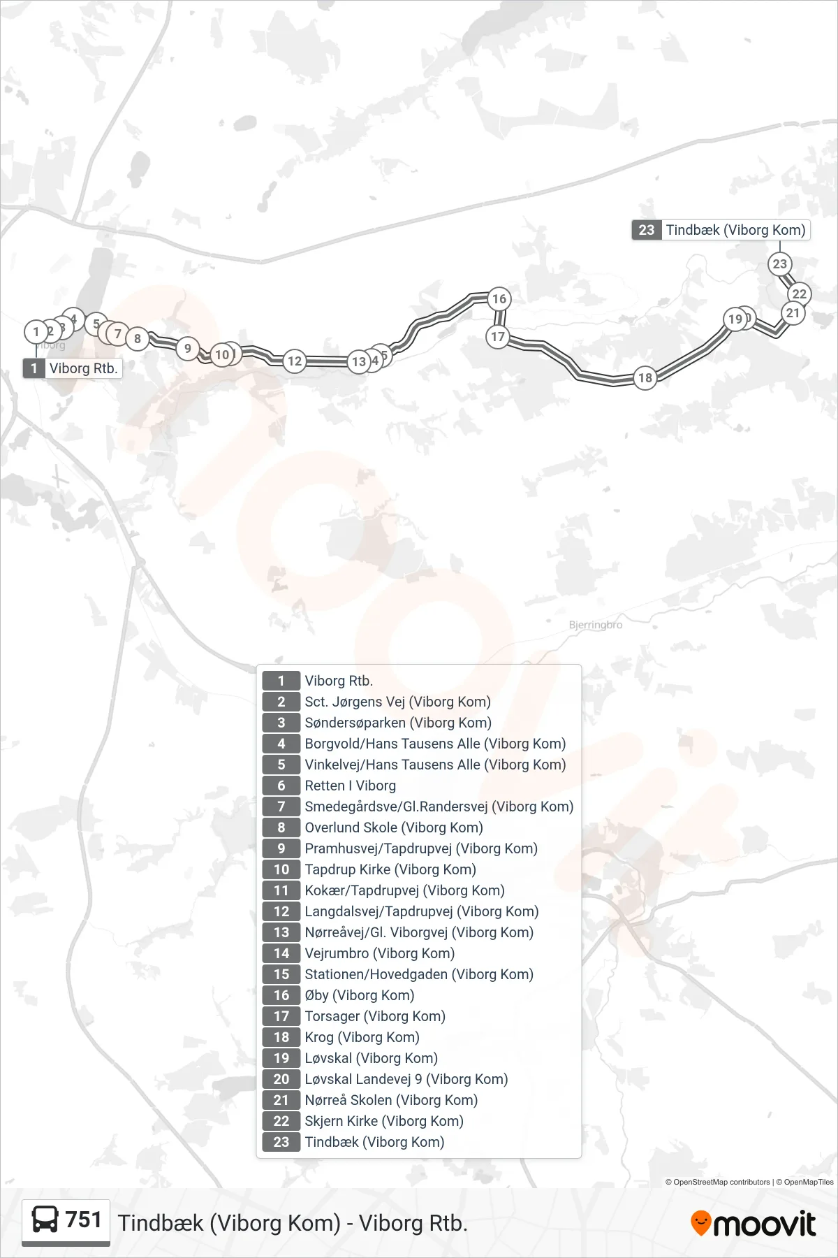 751 bus Linje (Tindbæk (Viborg Kom)) rute og stop på et kort