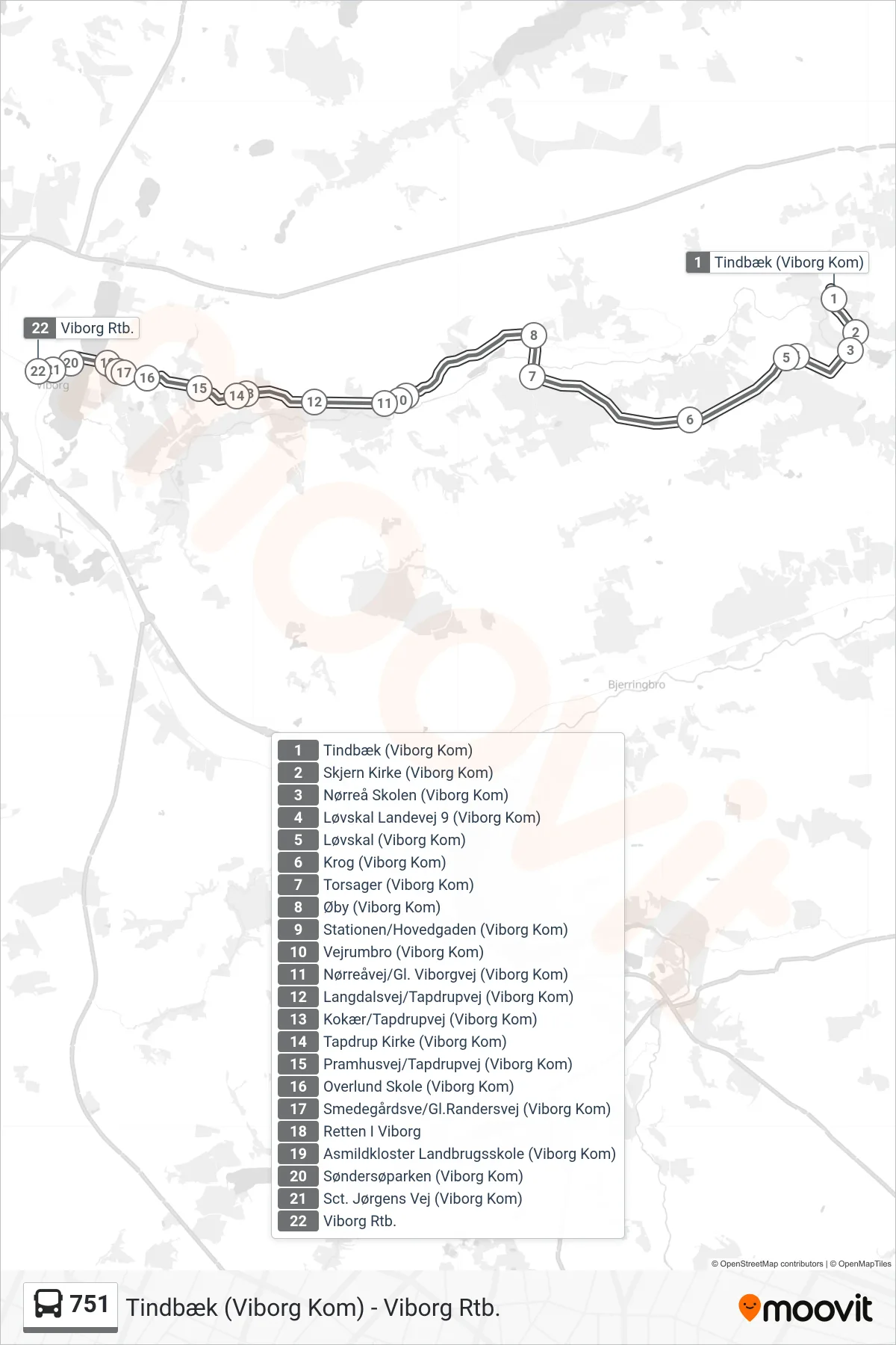751 bus Line (Viborg Rtb.) route and stops on a map