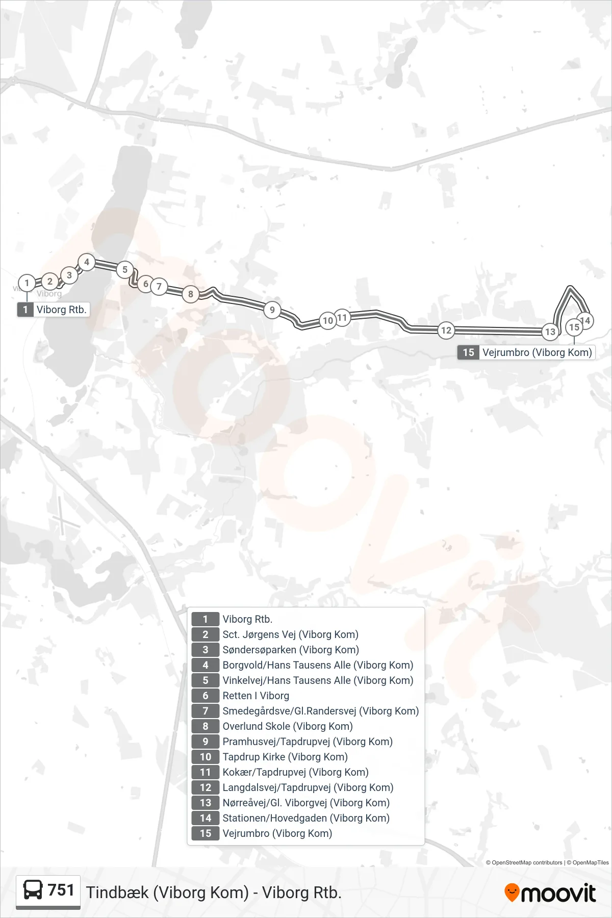 751 bus Linje (Vejrumbro) rute og stop på et kort