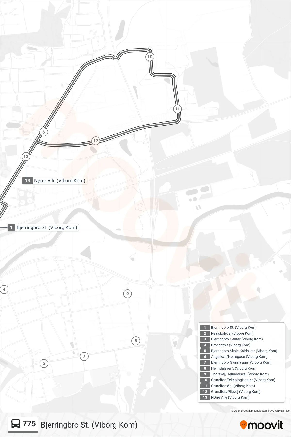 775 bus Linje (Bjerringbro St. (Viborg Kom)) rute og stop på et kort