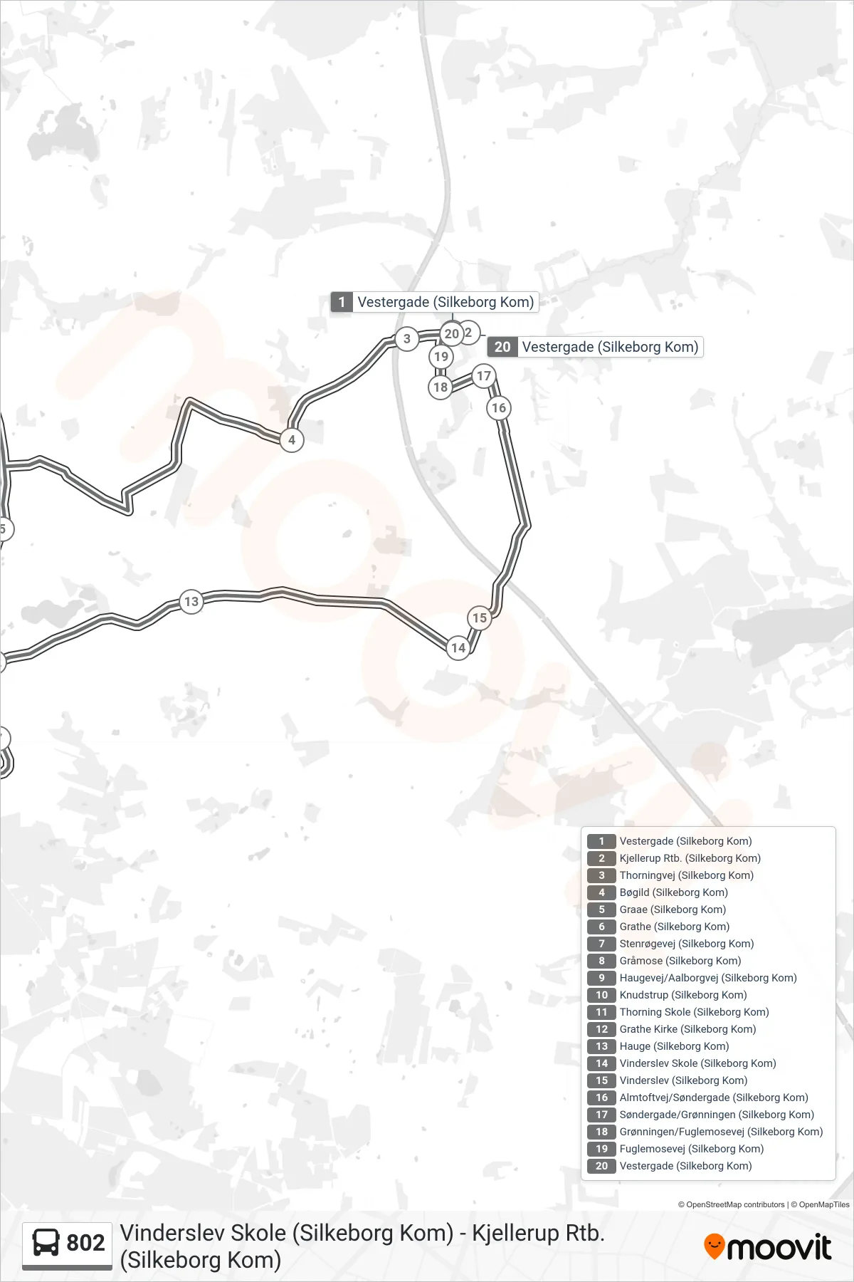 802 bus Linje (Kjellerup Rtb. (Silkeborg Kom)) rute og stop på et kort