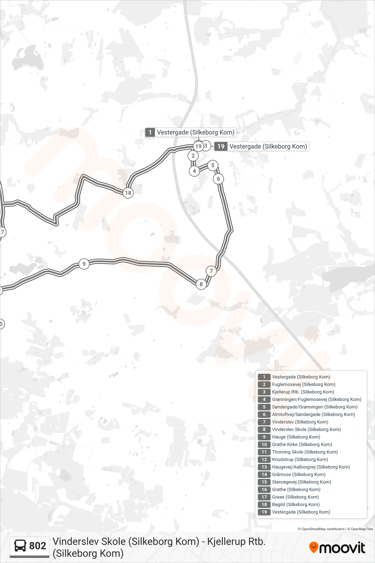 802 bus Linje (Kjellerup Rtb. (Silkeborg Kom)) rute og stop på et kort