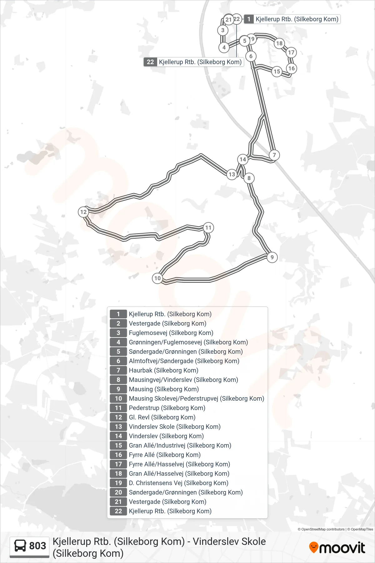803 bus Linje (Kjellerup Rtb. (Silkeborg Kom)) rute og stop på et kort