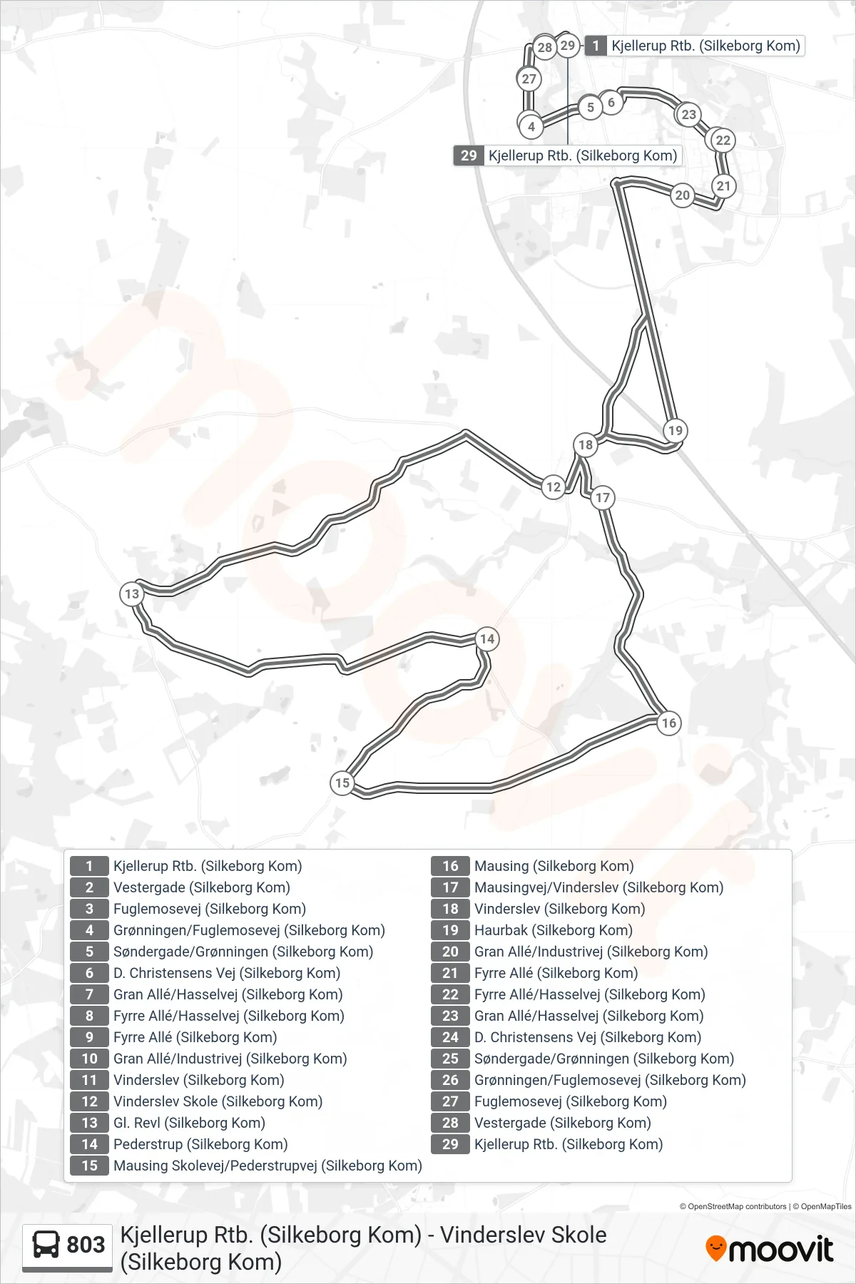 803 bus Linje (Kjellerup Rtb. (Silkeborg Kom)) rute og stop på et kort
