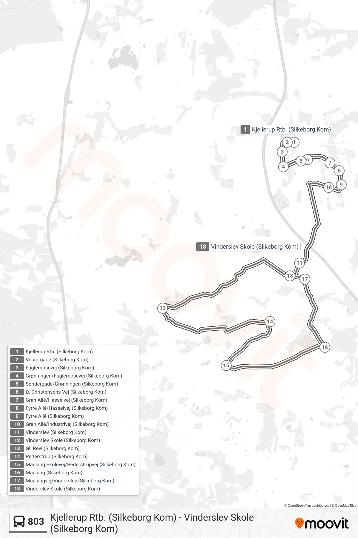 803 bus Linje (Vinderslev) rute og stop på et kort