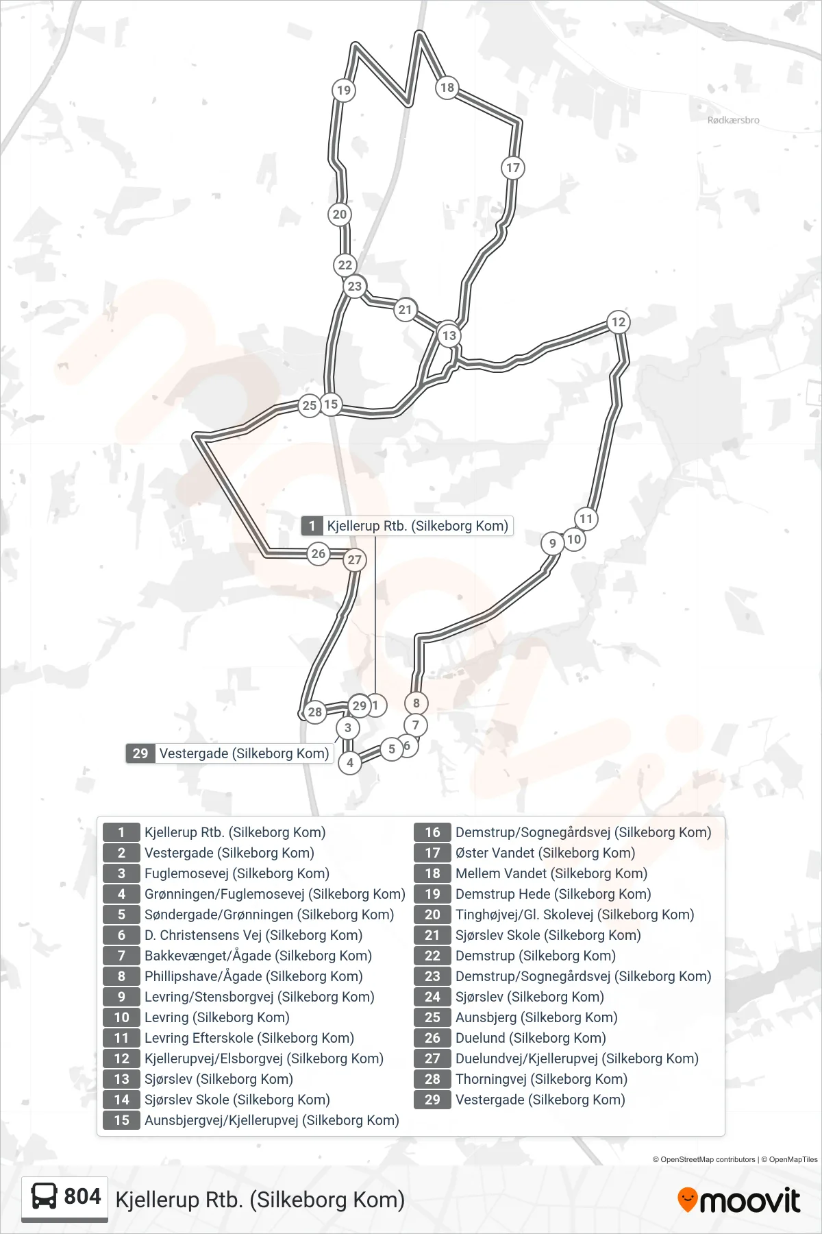 804 bus Linje (Kjellerup Rtb. (Silkeborg Kom)) rute og stop på et kort