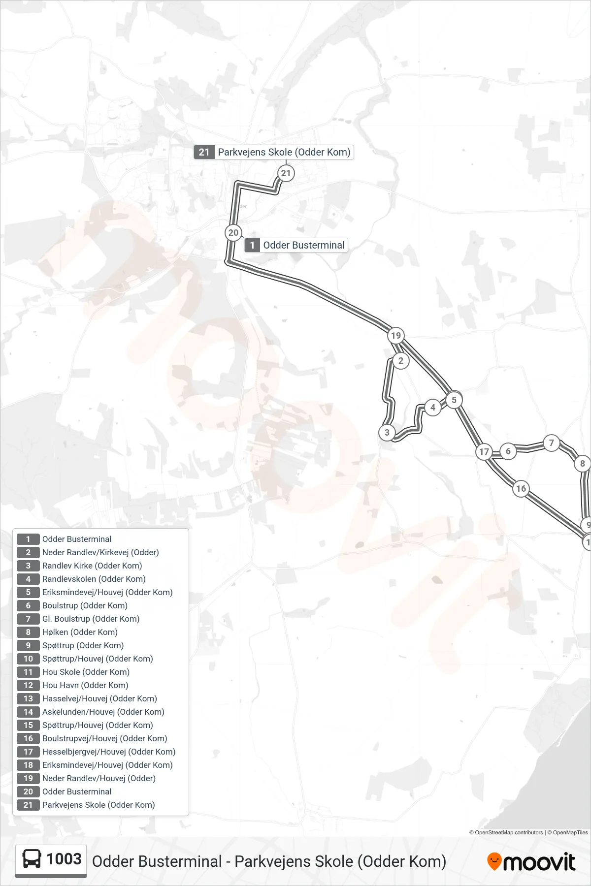 1003 bus Linje (Parkvejens Skole (Odder Kom)) rute og stop på et kort