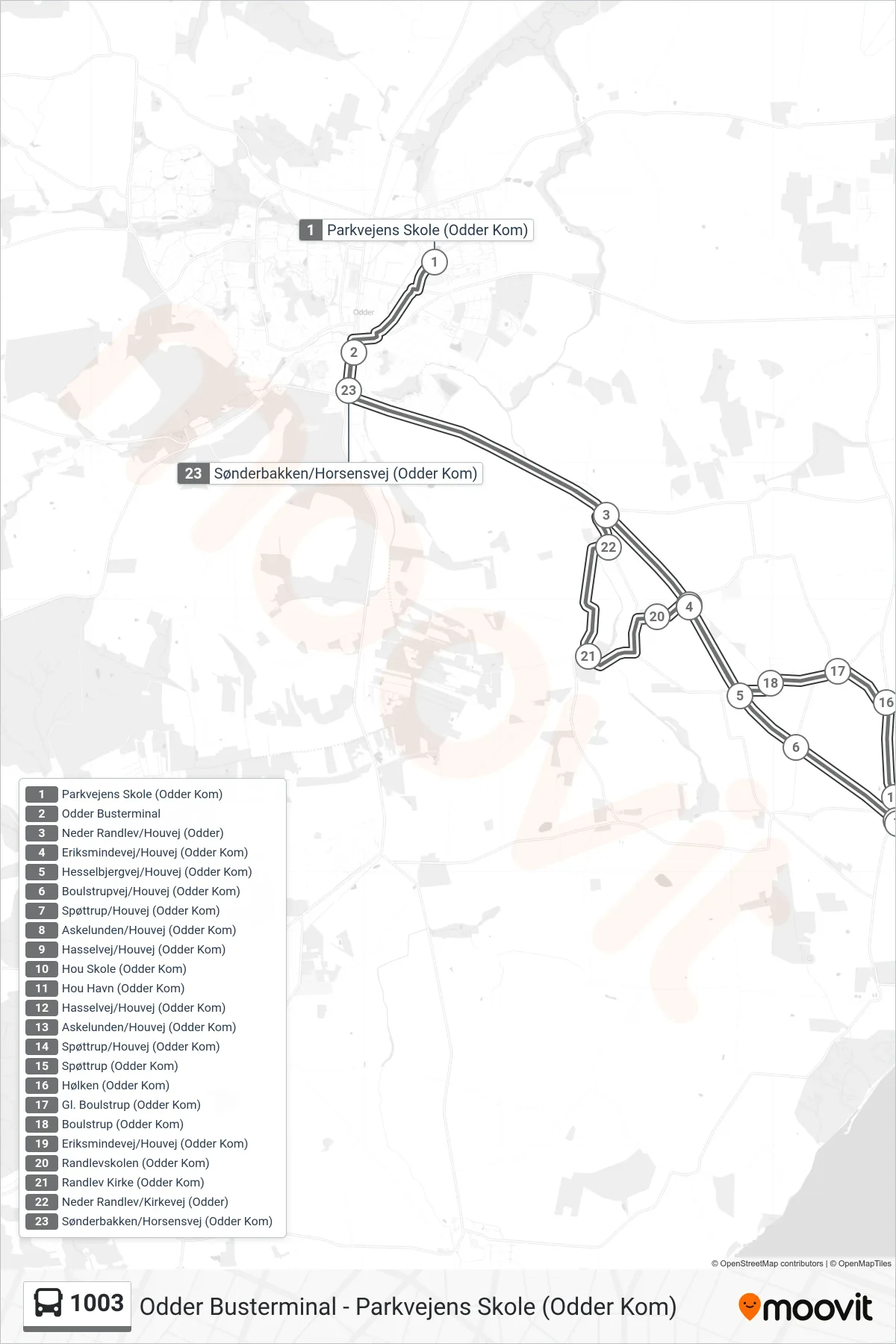 1003 bus Linje (Parkvejens Skole (Odder Kom)) rute og stop på et kort