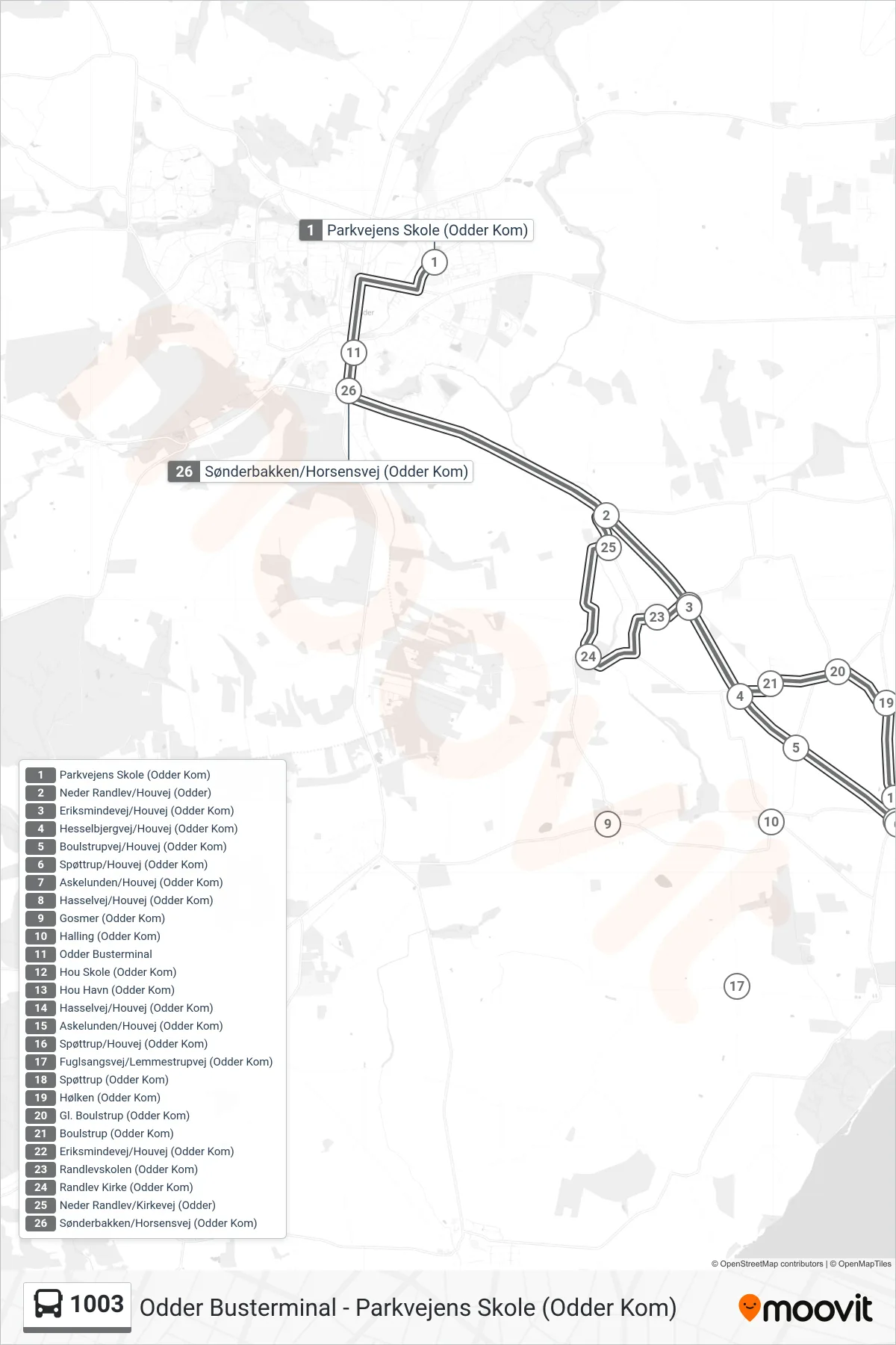 1003 bus Linje (Odder Busterminal) rute og stop på et kort