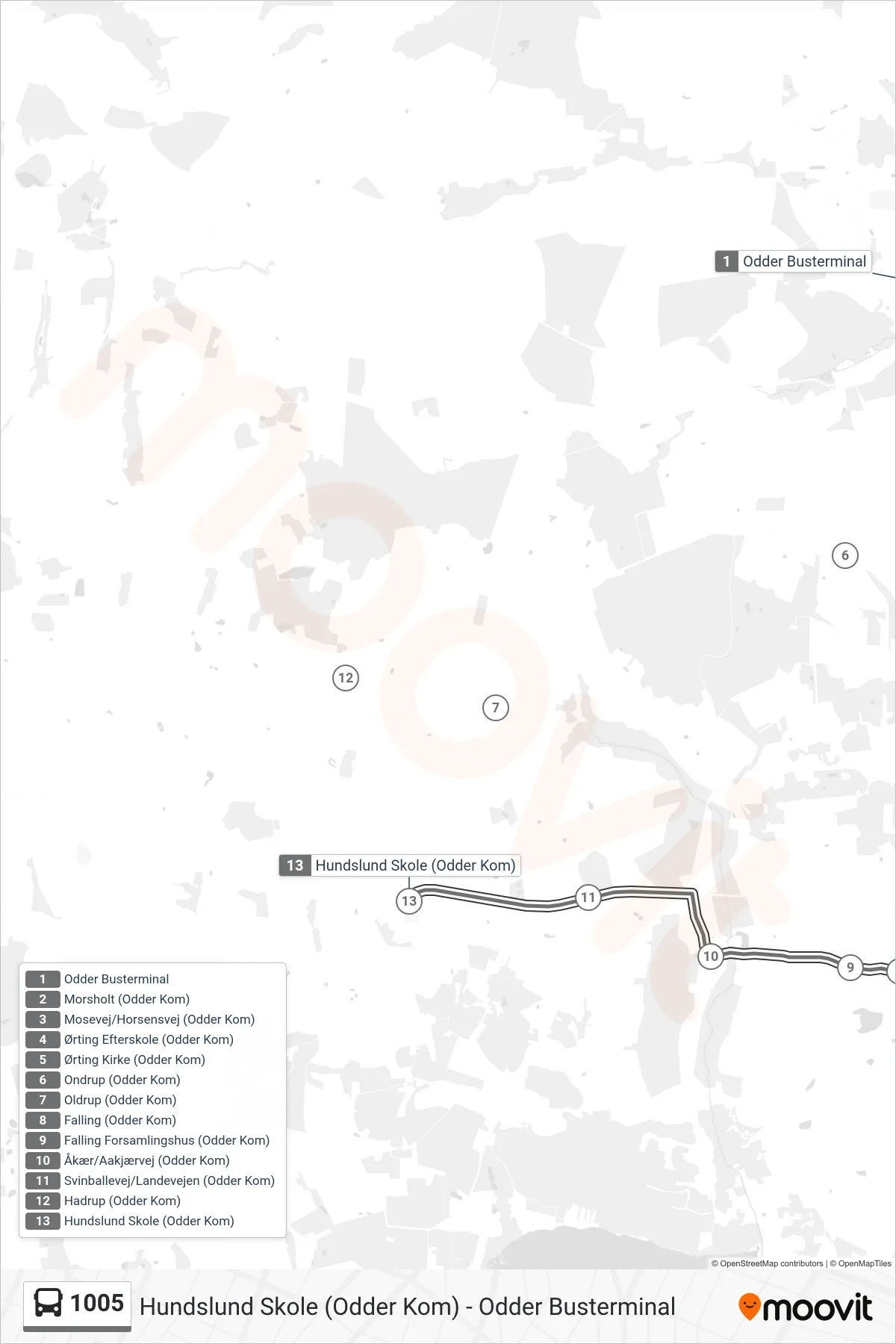 1005 bus Linje (Hundslund Skole) rute og stop på et kort