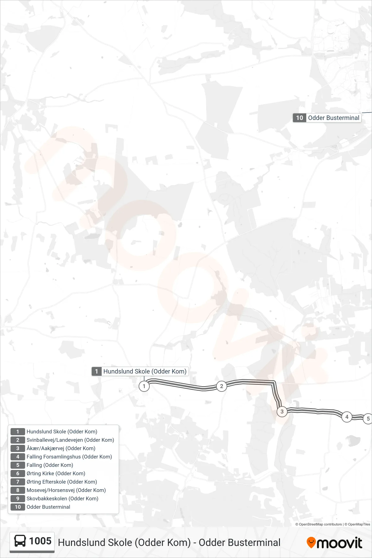 1005 bus Linje (Odder Busterminal) rute og stop på et kort