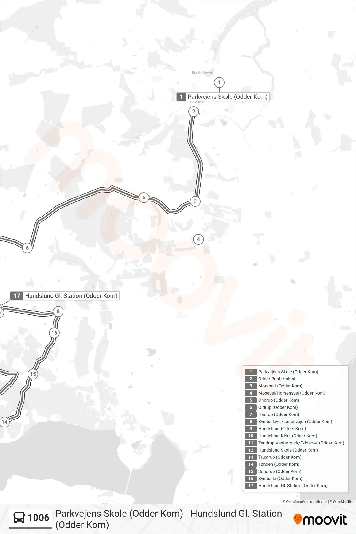 1006 bus Linje (Hundslund Gl. Station) rute og stop på et kort