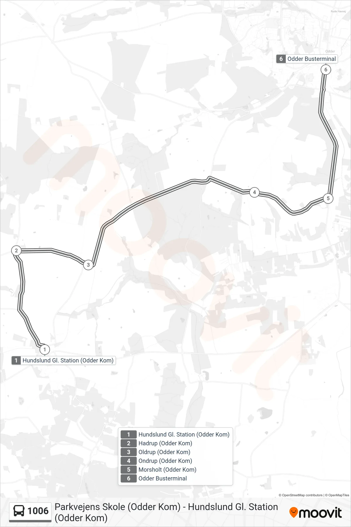 1006 bus Linje (Odder Busterminal) rute og stop på et kort