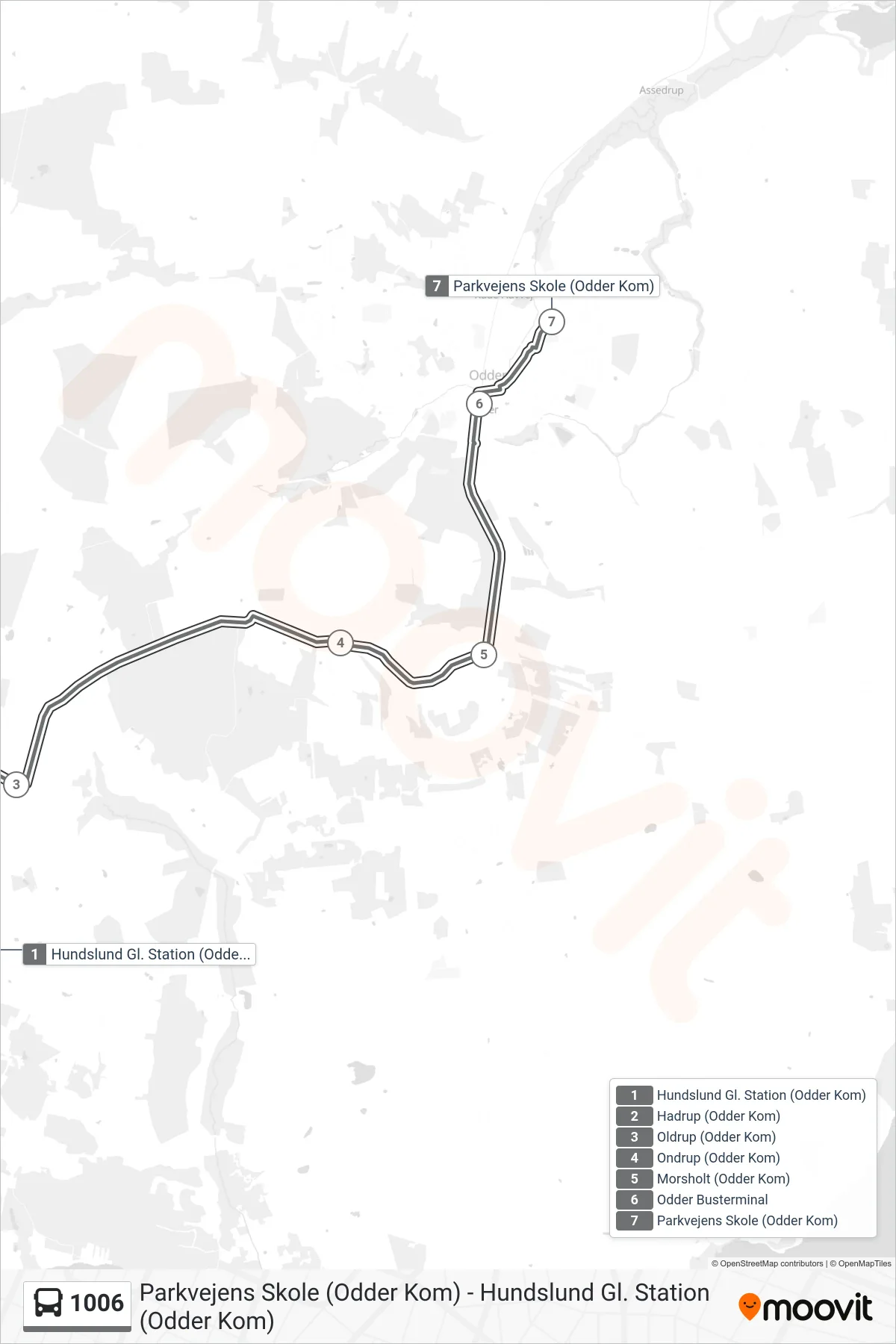 1006 bus Linje (Parkvejens Skole) rute og stop på et kort