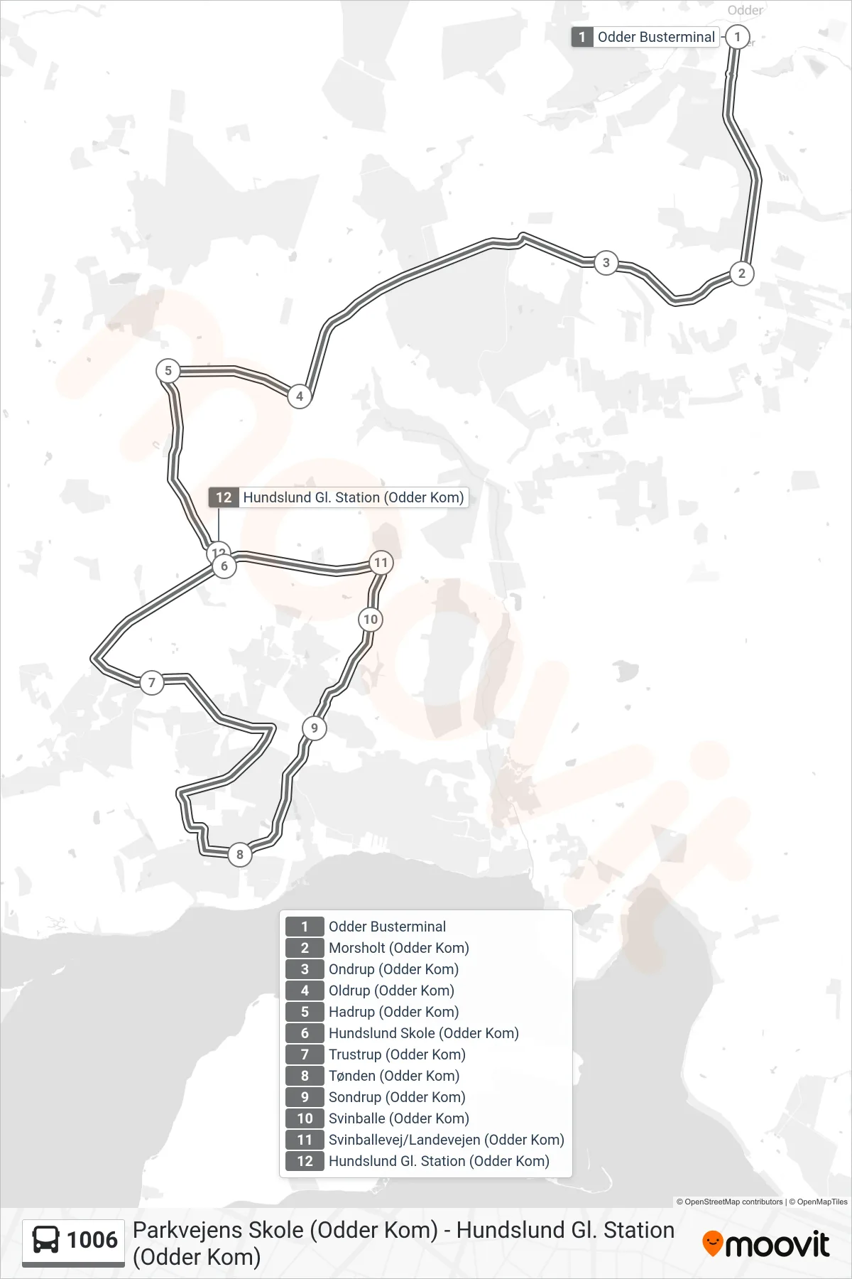 1006 bus Linje (Hundslund Skole) rute og stop på et kort