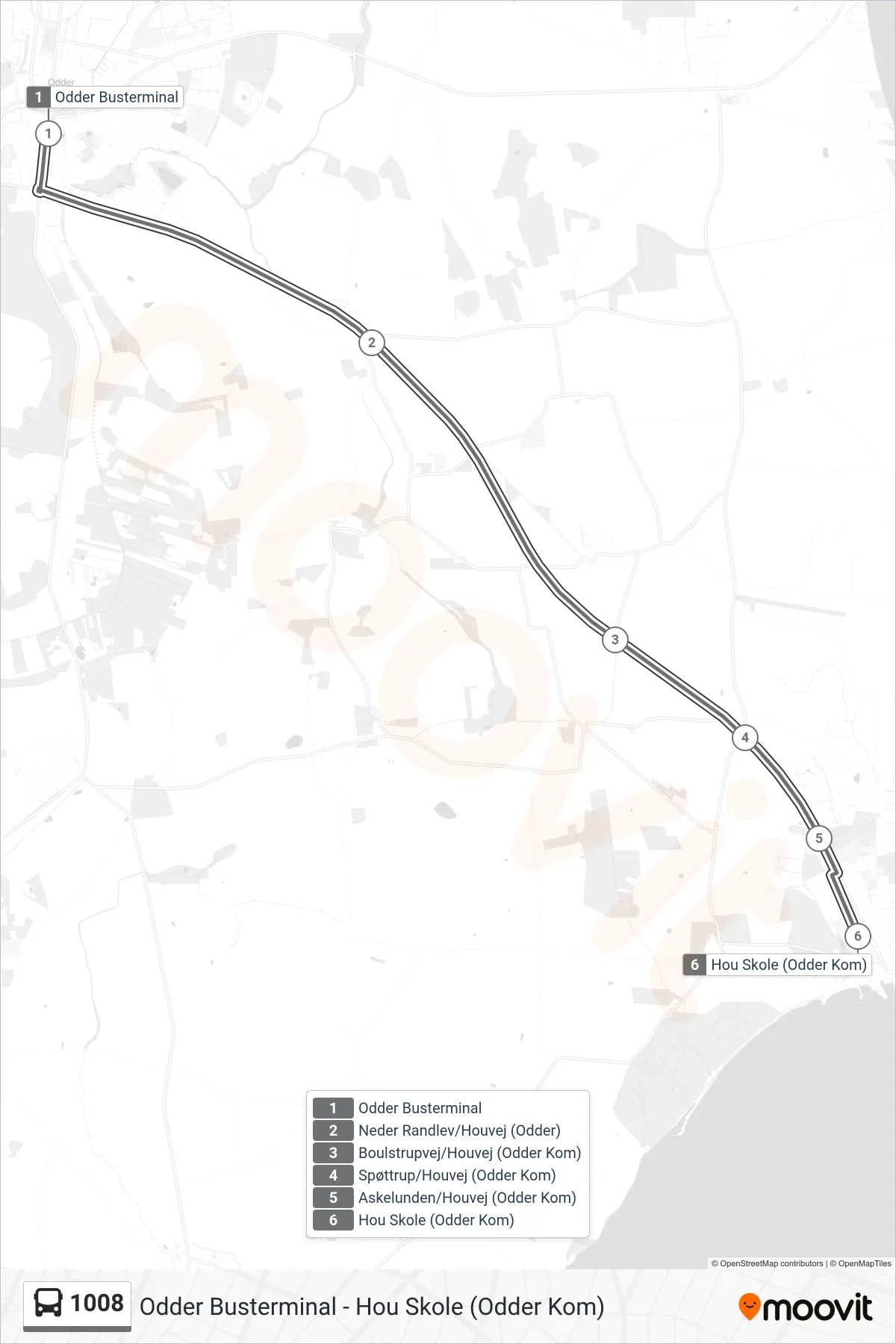 1008 bus Linje (Hou Skole (Odder Kom)) rute og stop på et kort