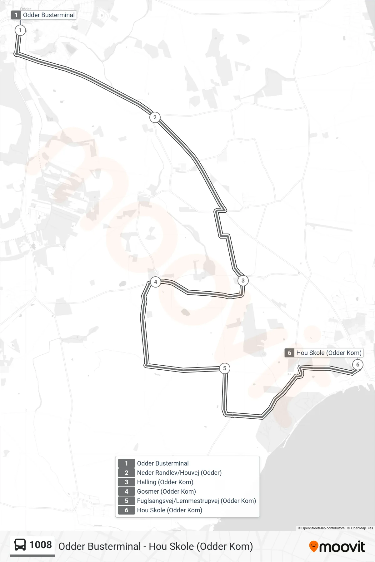 1008 bus Linje (Hou Skole) rute og stop på et kort