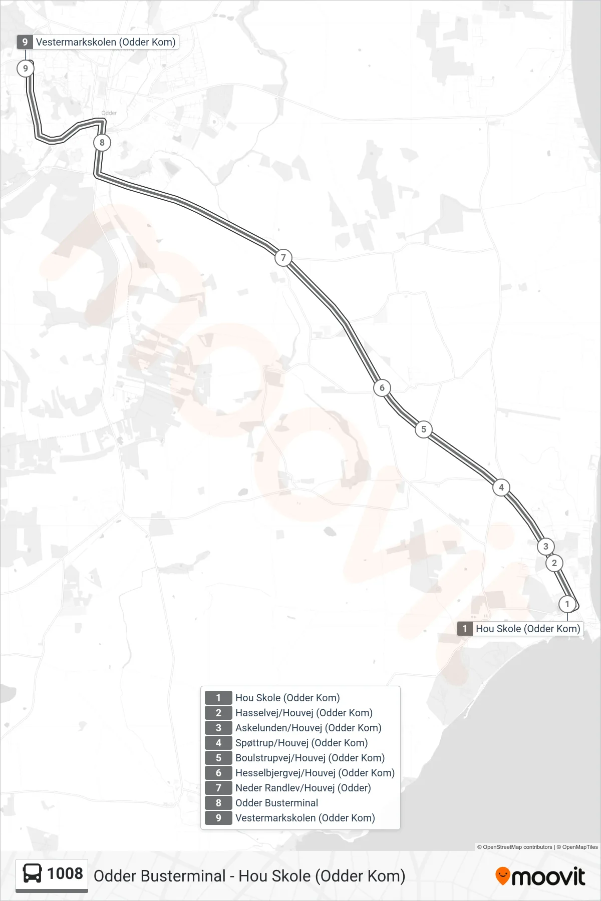 1008 bus Linje (Skovbakkeskolen) rute og stop på et kort
