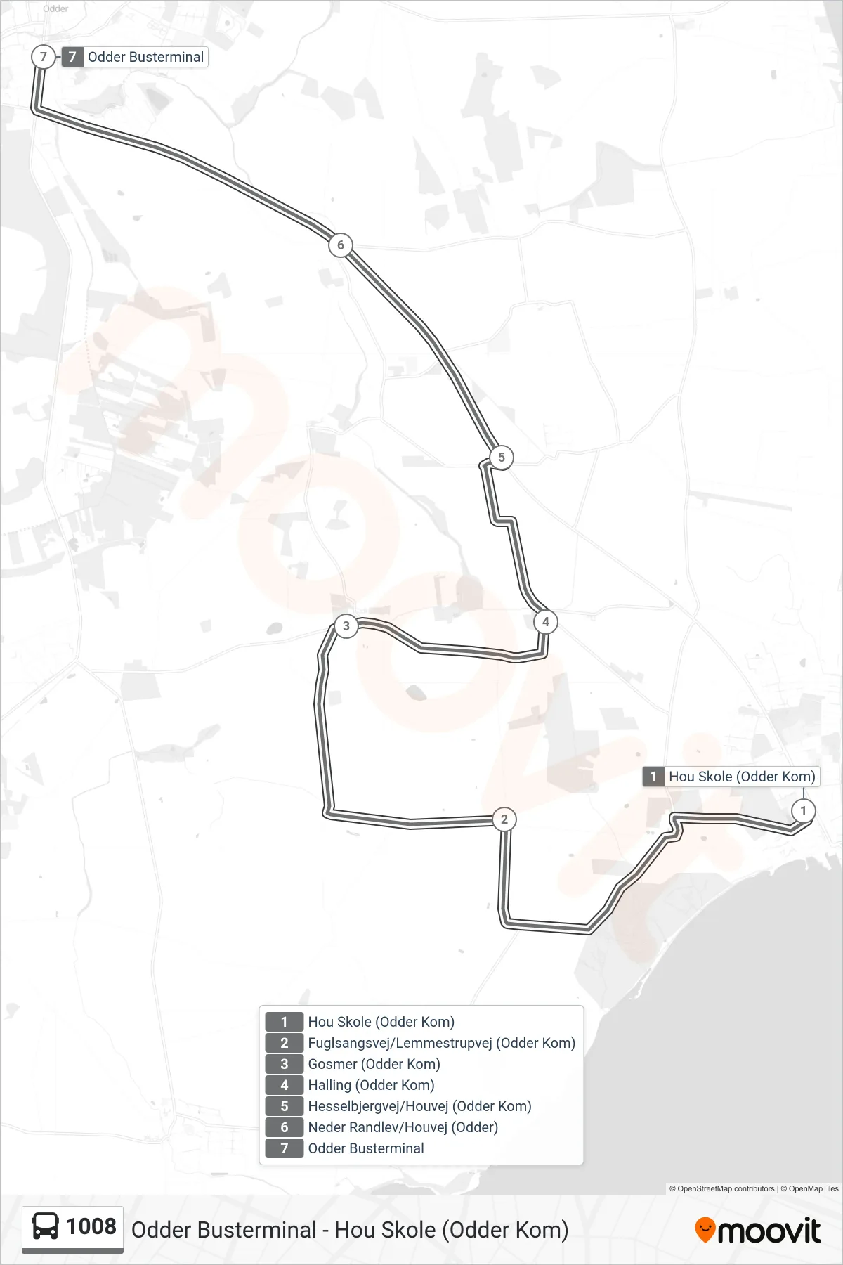 1008 bus Line (Odder Busterminal) route and stops on a map