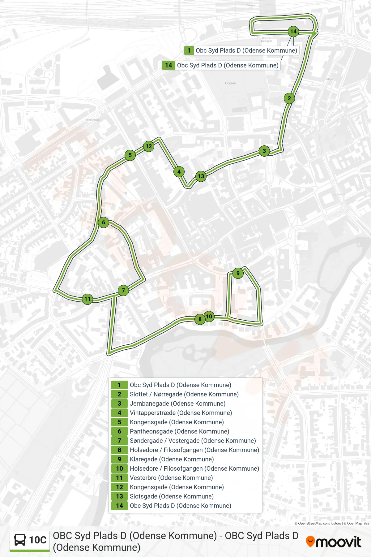 10C bus Linje (Citybus) rute og stop på et kort