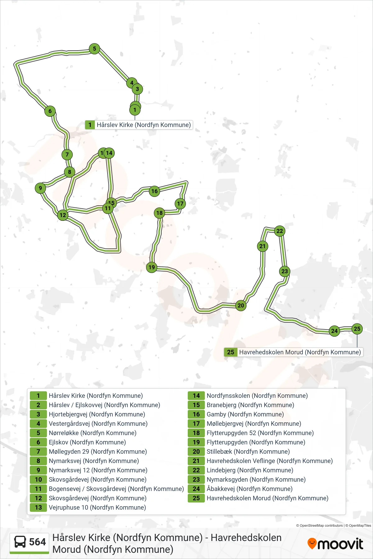 564 bus Linje (Morud) rute og stop på et kort