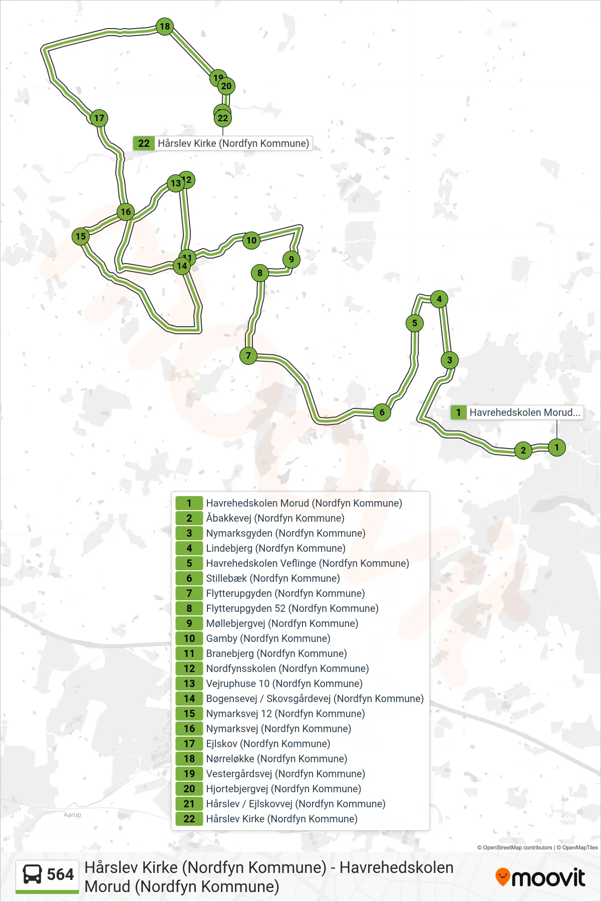 564 bus Linje (Hårslev) rute og stop på et kort