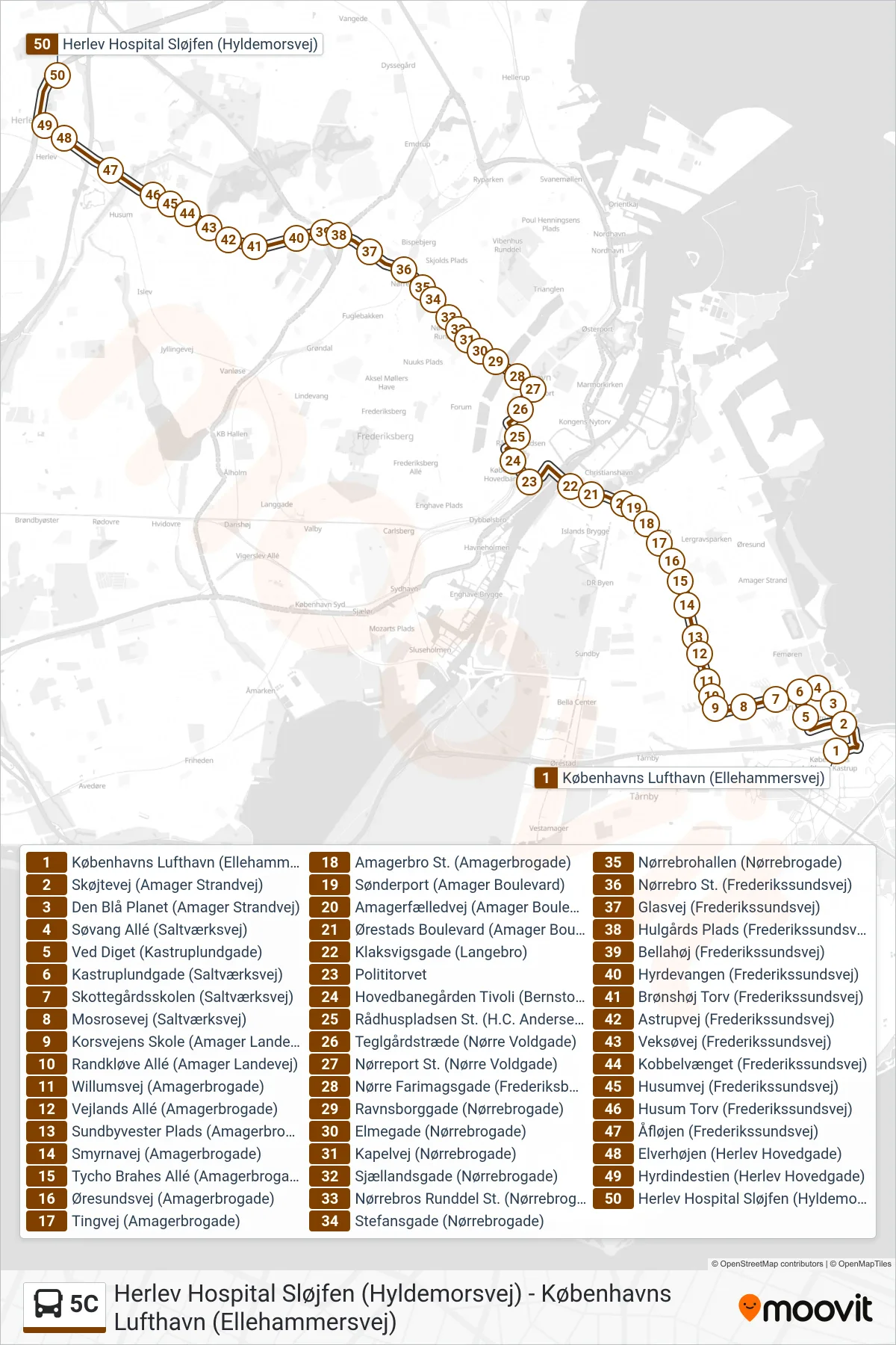 5C bus Linje (Herlev Hospital) rute og stop på et kort