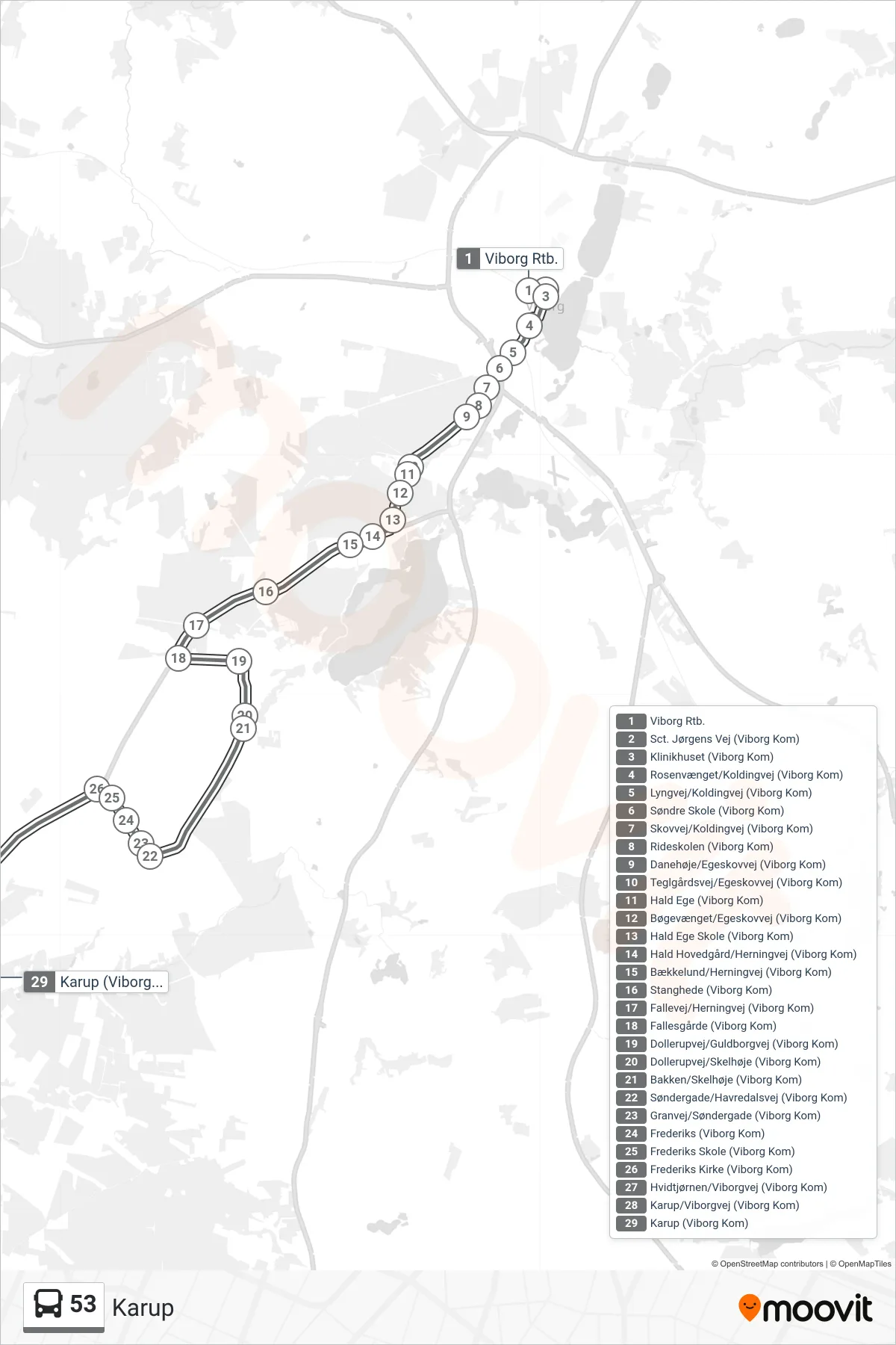 53 bus Linje (Karup) rute og stop på et kort