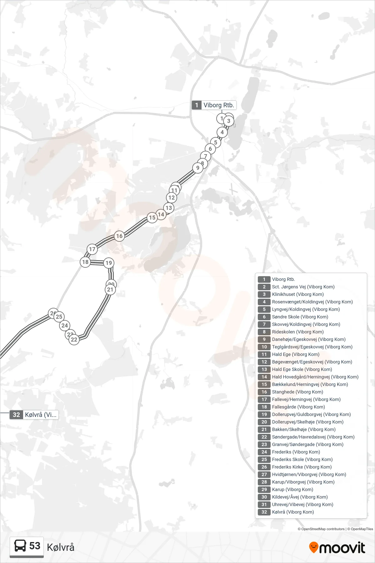 53 bus Linje (Kølvrå) rute og stop på et kort