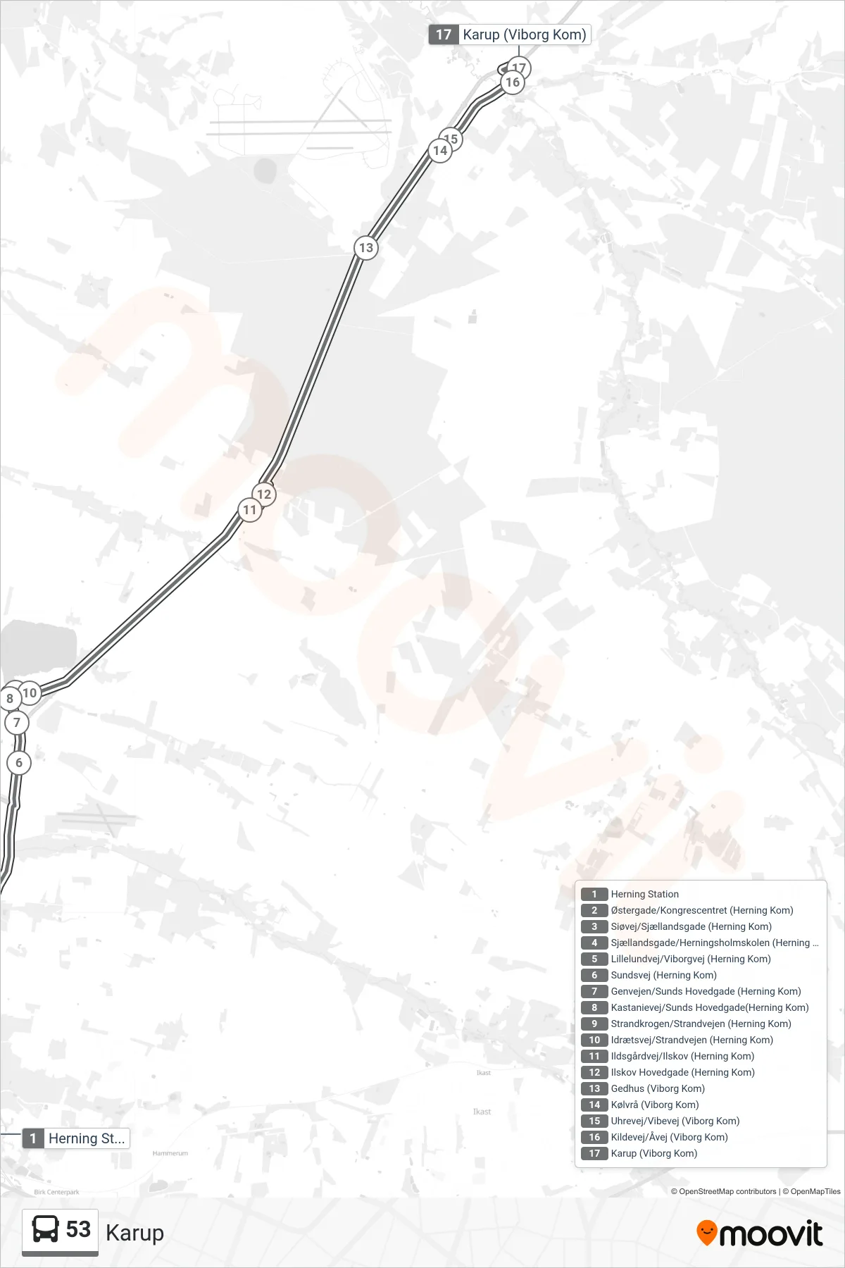 53 bus Linje (Karup) rute og stop på et kort