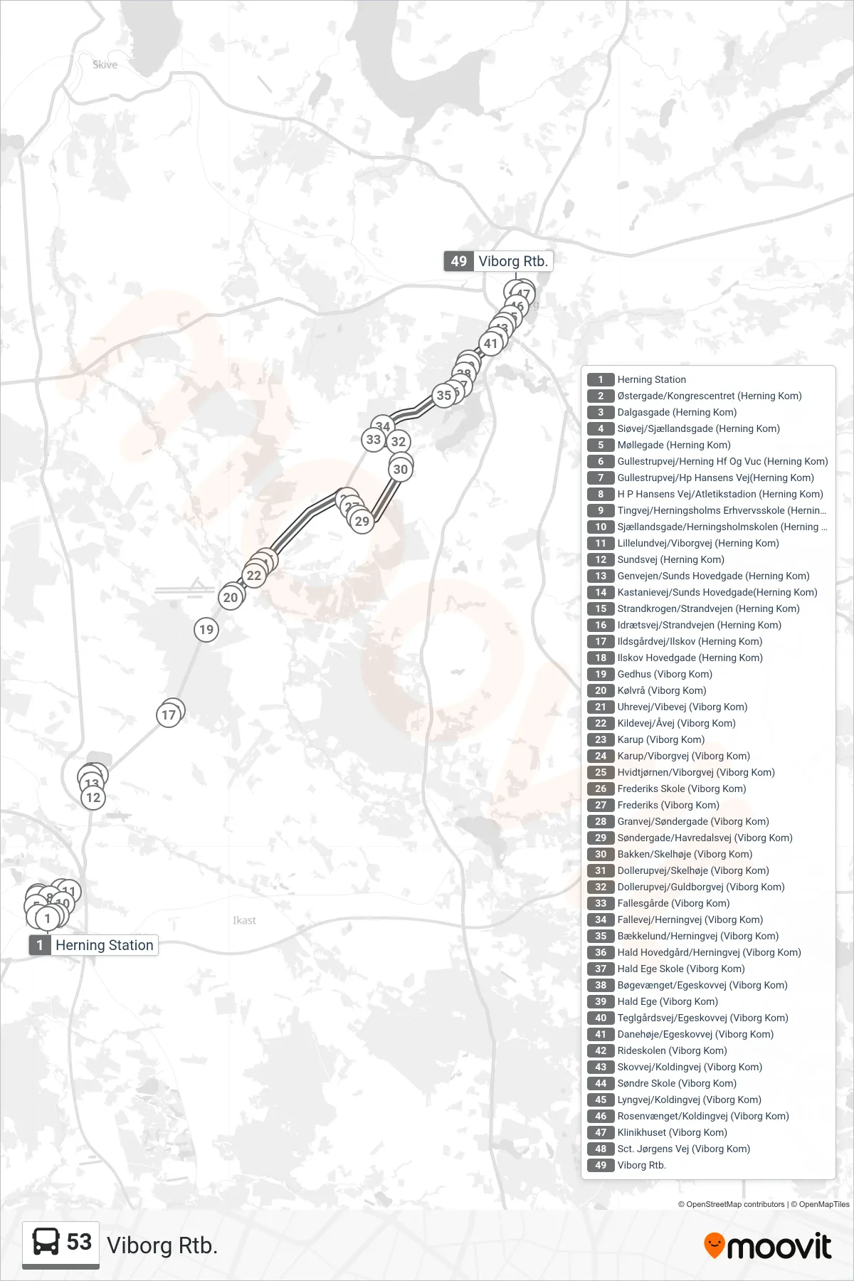 53 bus Linje (Viborg Rtb.) rute og stop på et kort
