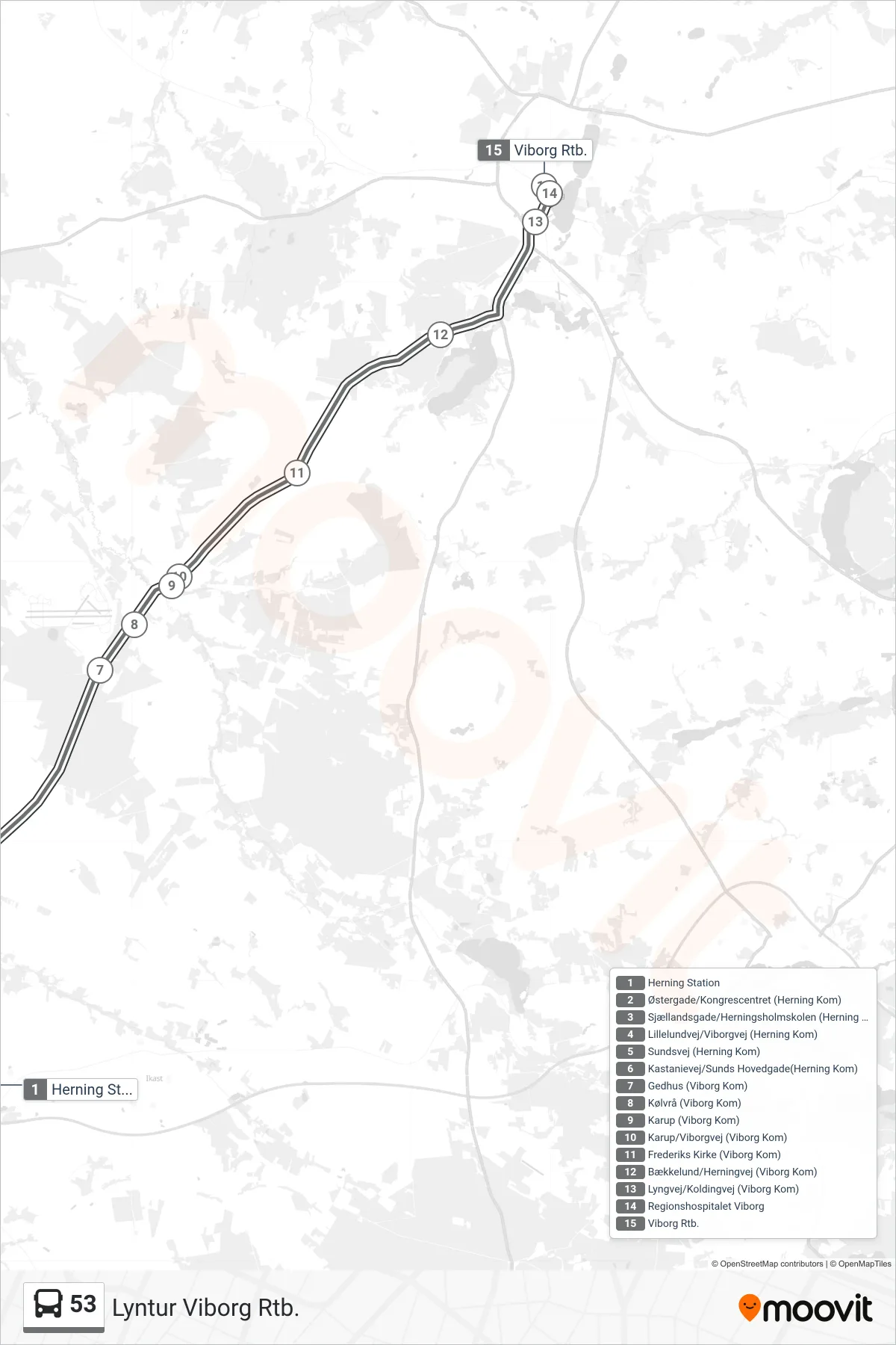 53 bus Linje (Lyntur Viborg Rtb.) rute og stop på et kort
