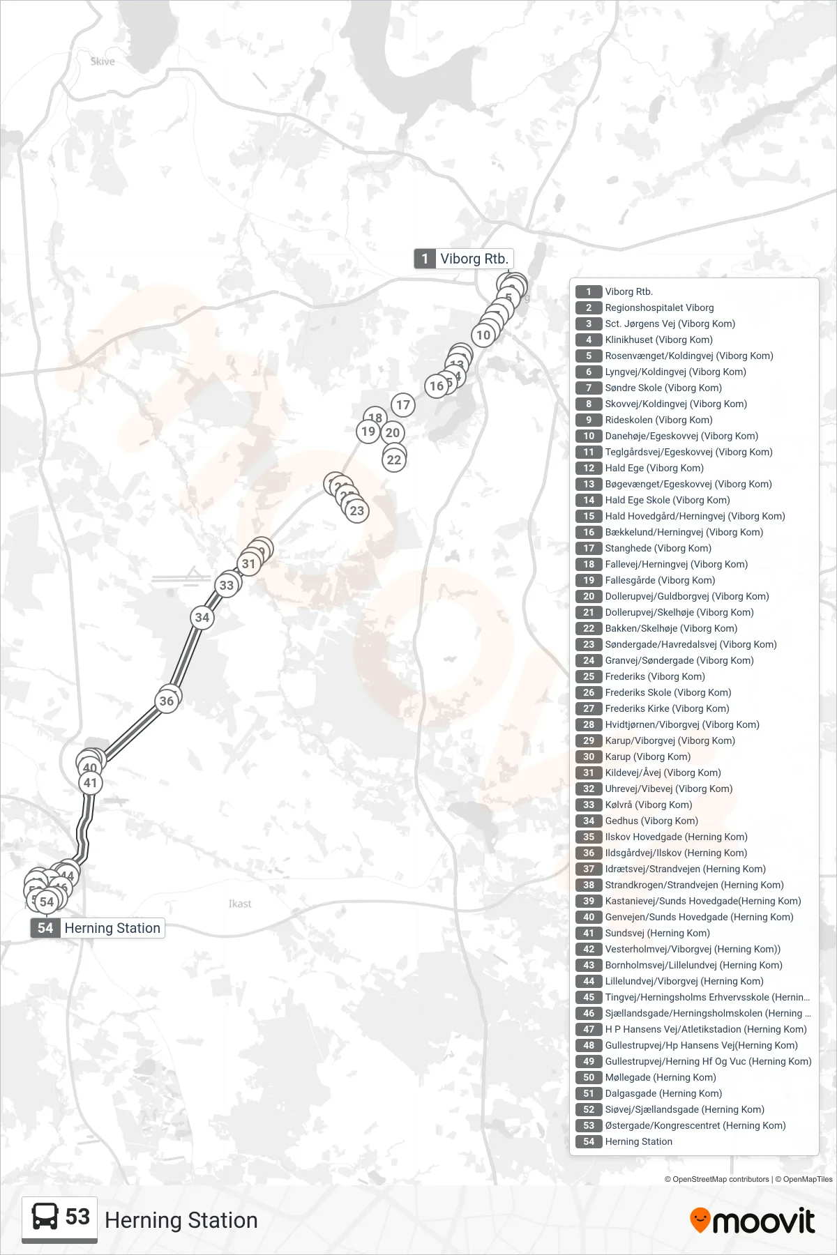 53 bus Linje (Herning Station) rute og stop på et kort