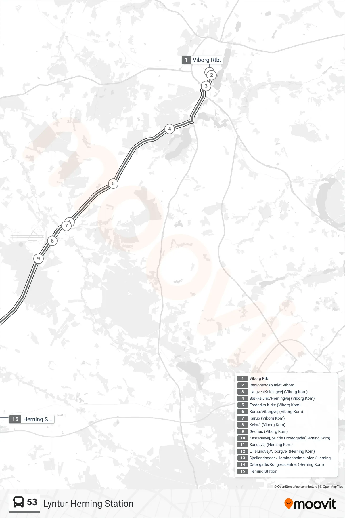 53 bus Linje (Lyntur Herning Station) rute og stop på et kort