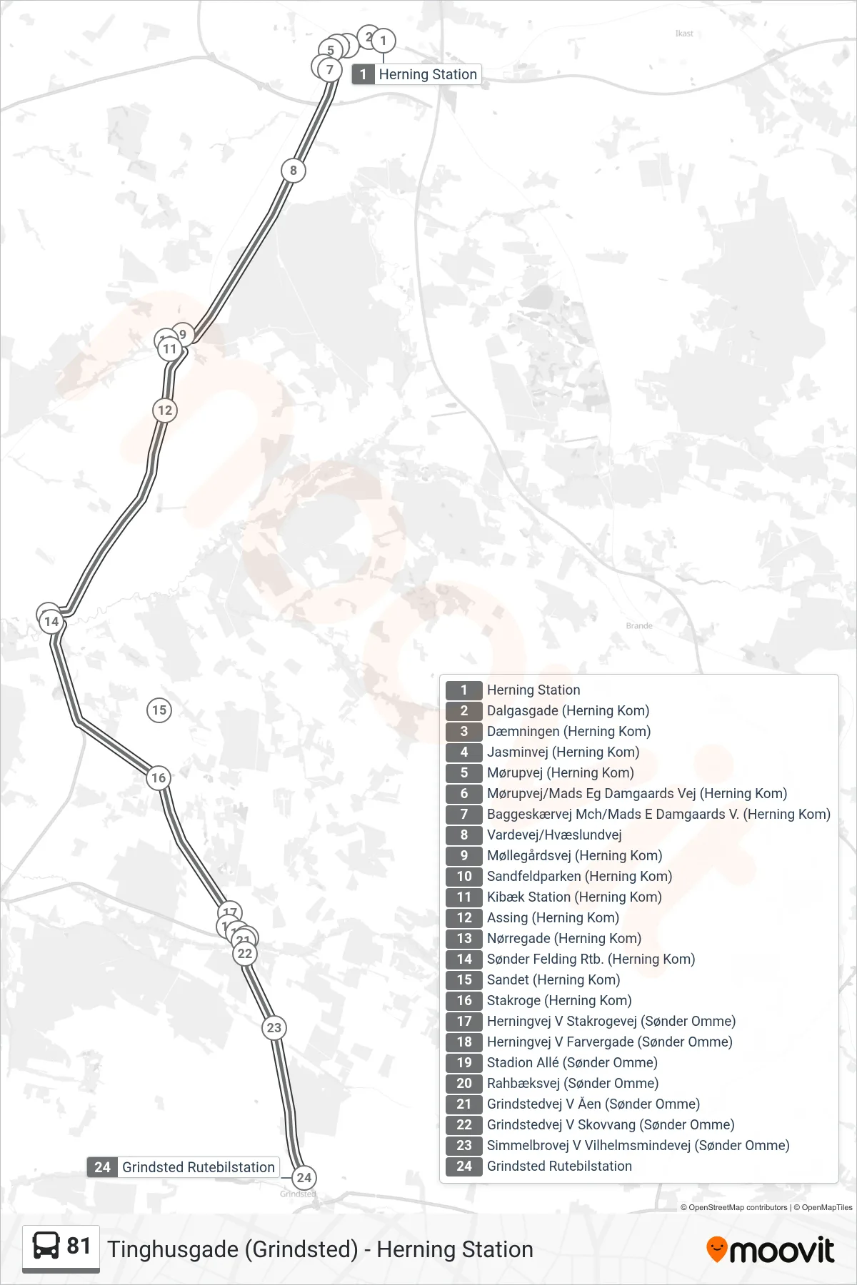 81 bus Linje (Grindsted Rutebilstation) rute og stop på et kort
