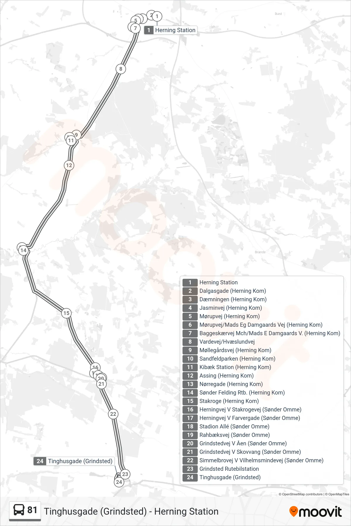 81 bus Linje (Tinghusgade (Grindsted)) rute og stop på et kort
