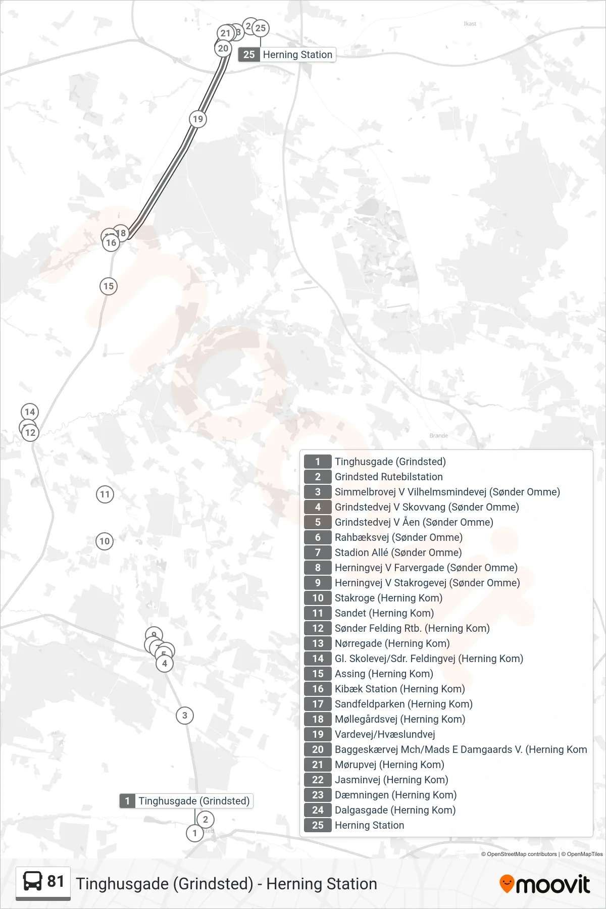 81 bus Linje (Herning Station) rute og stop på et kort