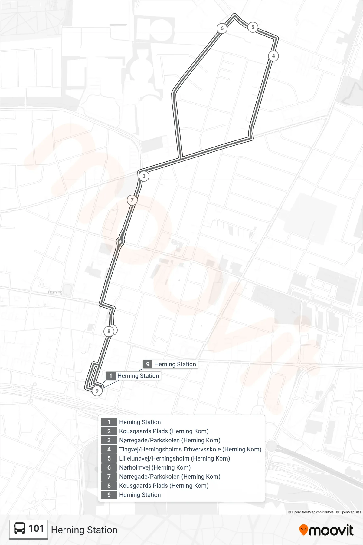 101 bus Linje (Herning Station) rute og stop på et kort