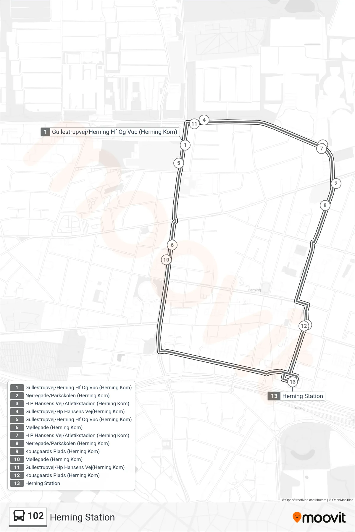 102 bus Linje (Herning Station) rute og stop på et kort